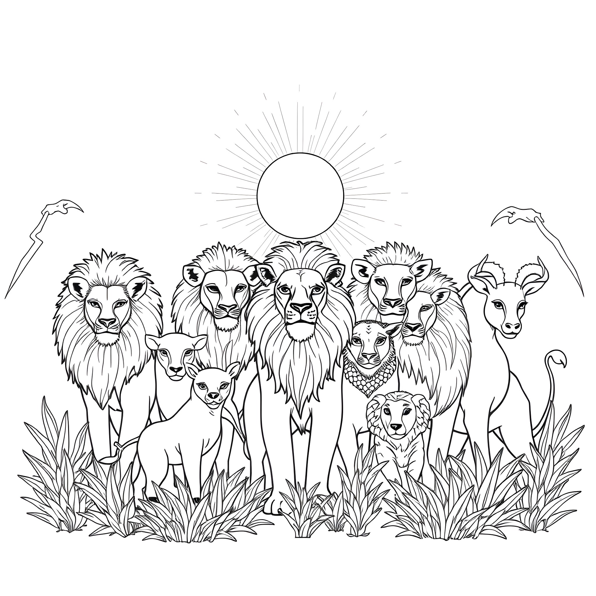 Animal family gathering in the wilderness Coloring Page (free black-and-white line drawing printable PDF for all, from beginners to advanced learners, including children, teens, adults, and seniors)