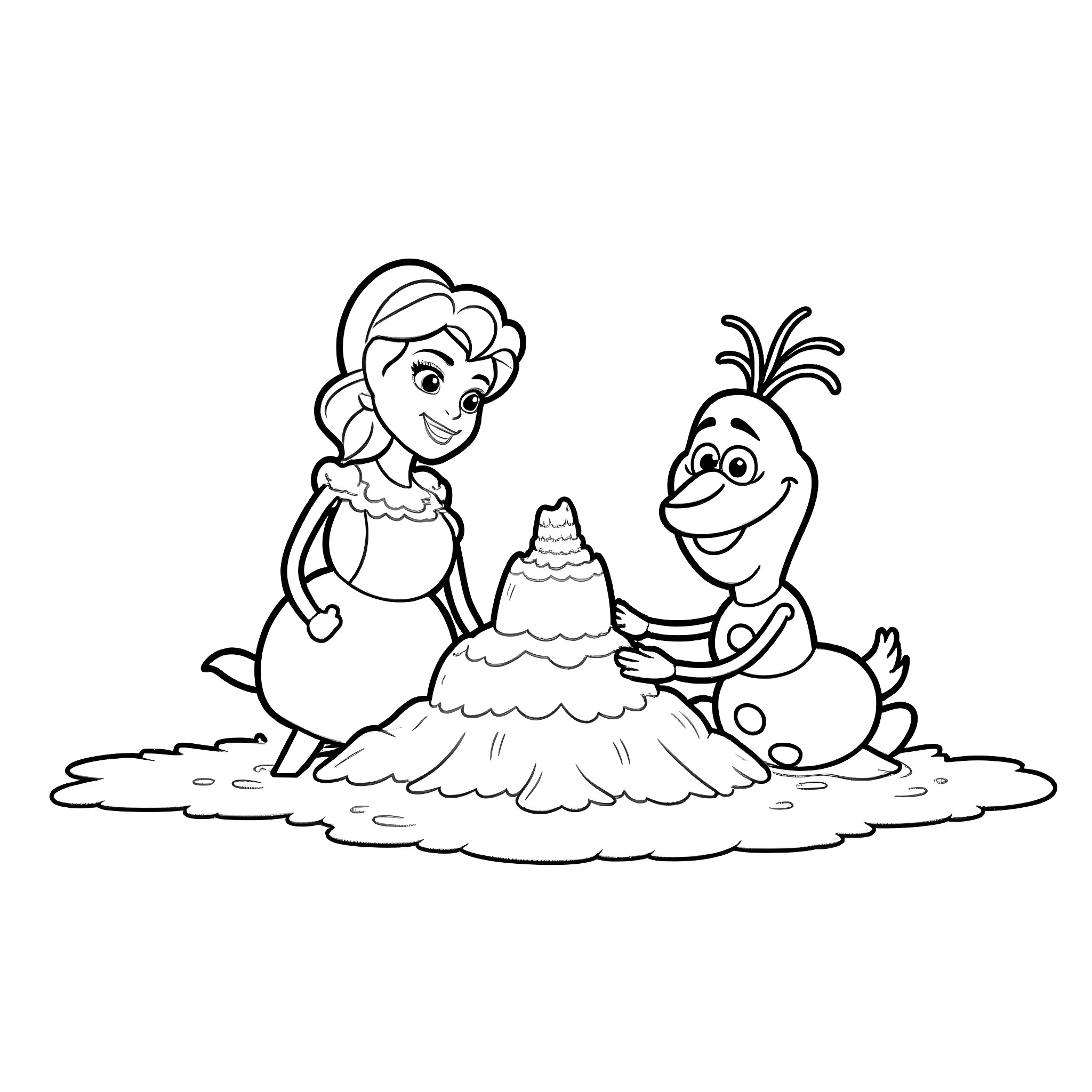 Elsa and Olaf building a sand castle together Coloring Page (free black-and-white line drawing printable PDF for all, from beginners to advanced learners, including children, teens, adults, and seniors)