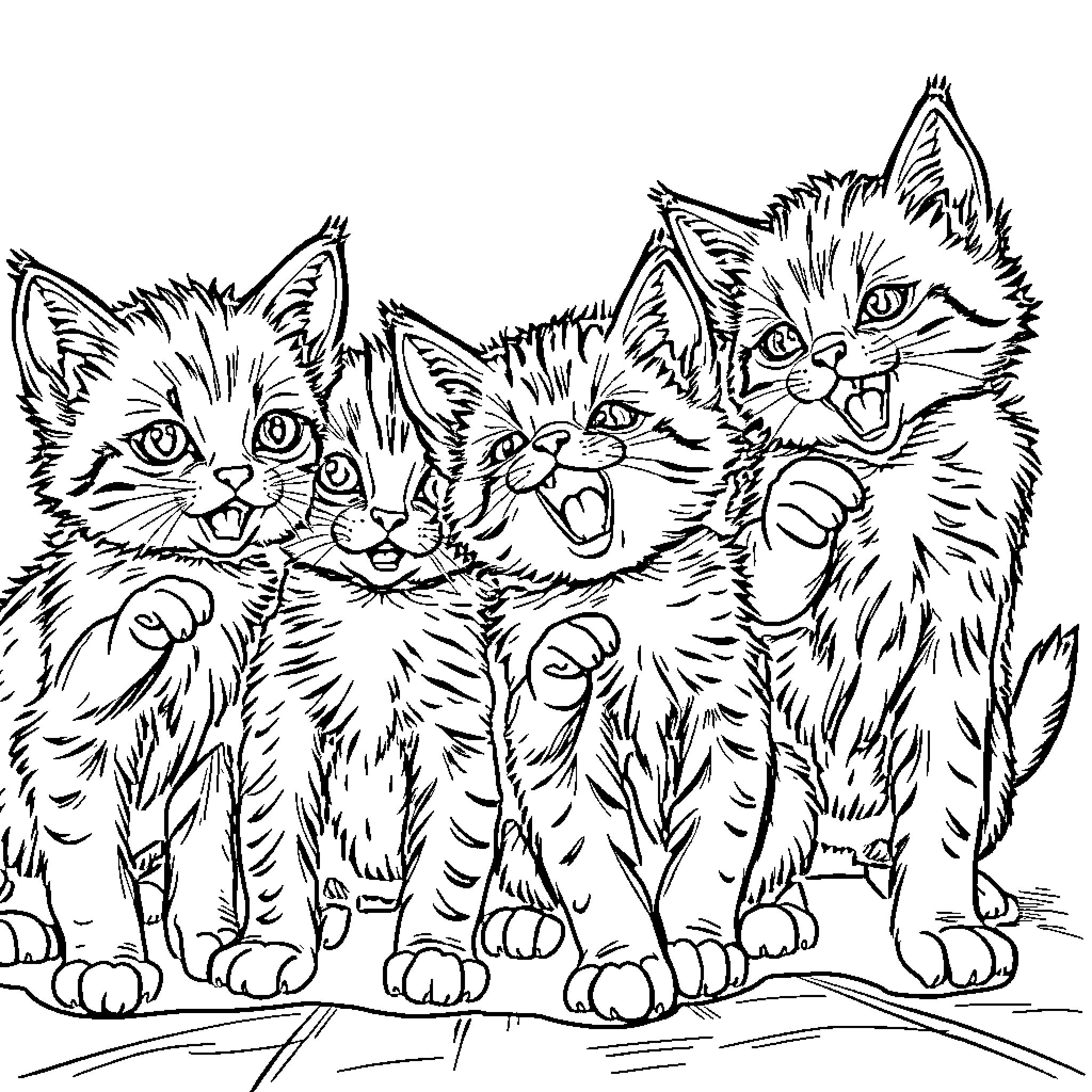 Kittens playing and making funny faces Coloring Page (free black-and-white line drawing printable PDF for all, from beginners to advanced learners, including children, teens, adults, and seniors)