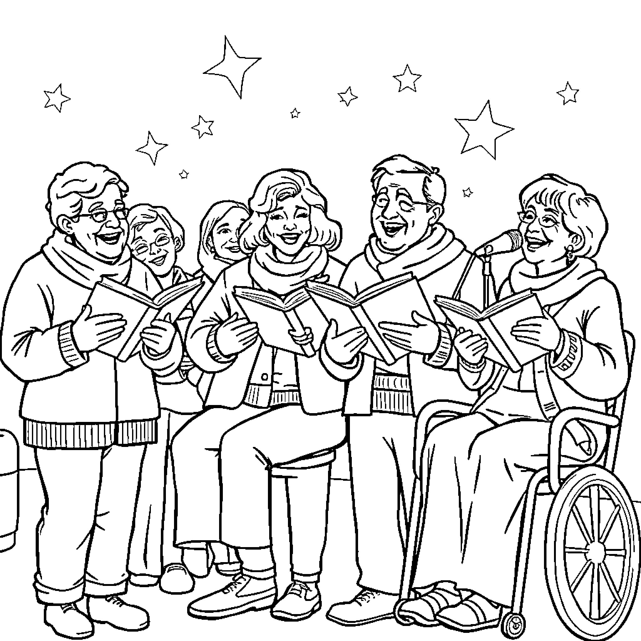 Caroling group of friends singing joyfully under starry night Coloring Page (free black-and-white line drawing printable PDF for all, from beginners to advanced learners, including children, teens, adults, and seniors)