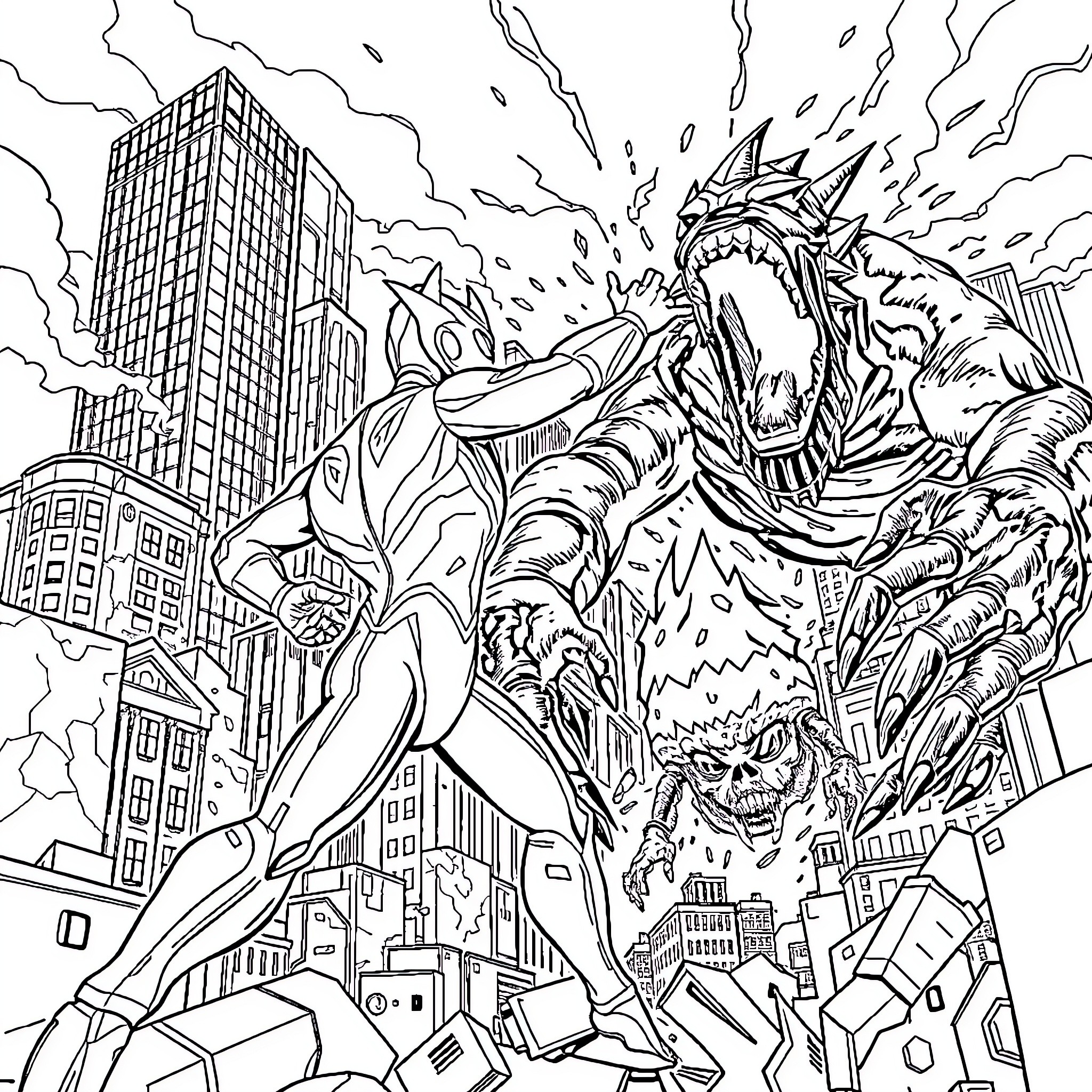 Ultraman battles giant monster in city Coloring Page (free black-and-white line drawing printable PDF for all, from beginners to advanced learners, including children, teens, adults, and seniors)