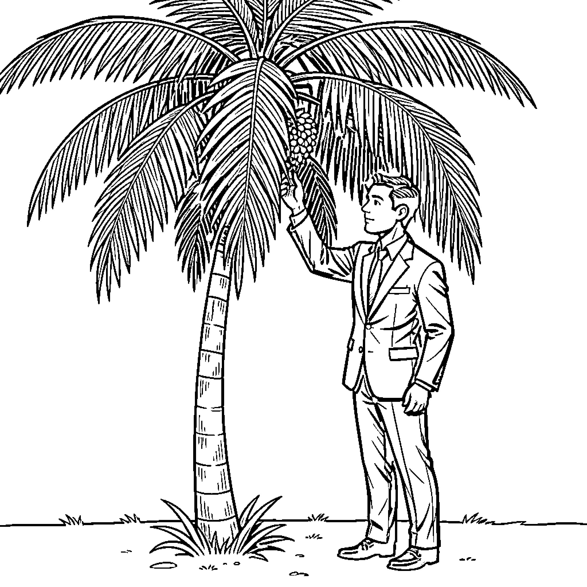 Man examining a palm tree in a tropical setting Coloring Page (free black-and-white line drawing printable PDF for all, from beginners to advanced learners, including children, teens, adults, and seniors)