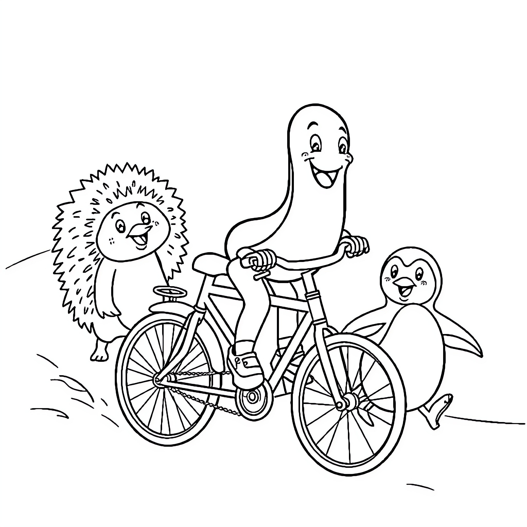 Bean characters riding bicycles happily Coloring Page (free black-and-white line drawing printable PDF for all, from beginners to advanced learners, including children, teens, adults, and seniors)