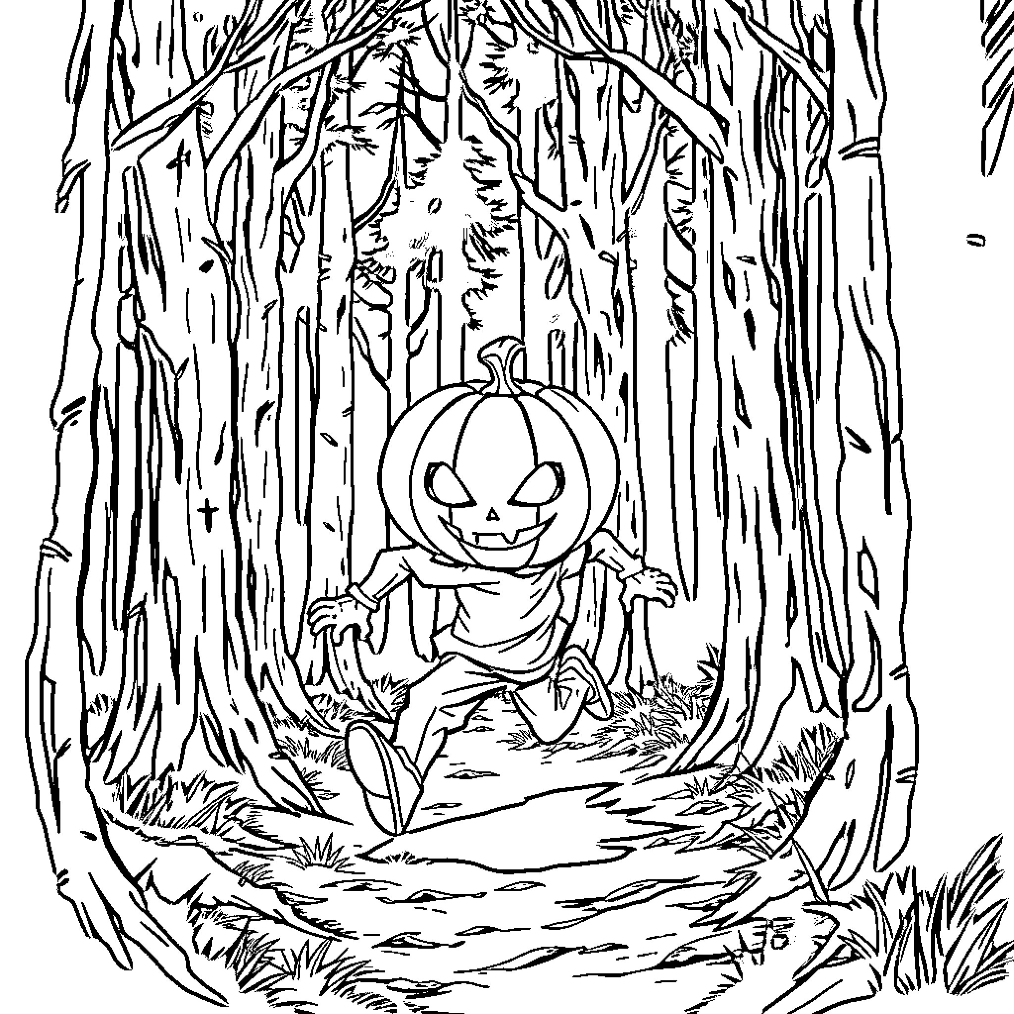 Pumpkin Figure Wandering Through Spooky Forest Coloring Page (free black-and-white line drawing printable PDF for all, from beginners to advanced learners, including children, teens, adults, and seniors)