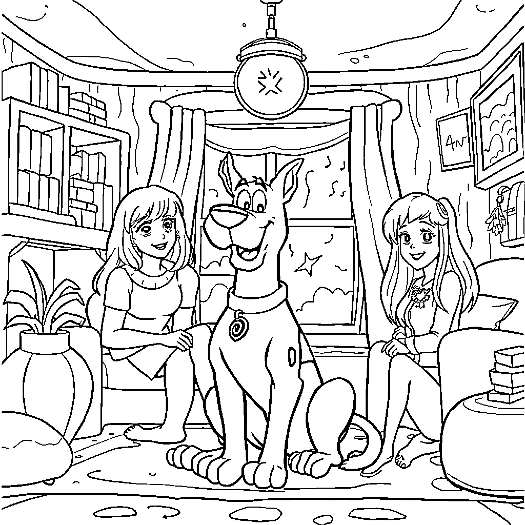 Scooby Doo and Friends in a Cozy Home Coloring Page (free black-and-white line drawing printable PDF for all, from beginners to advanced learners, including children, teens, adults, and seniors)