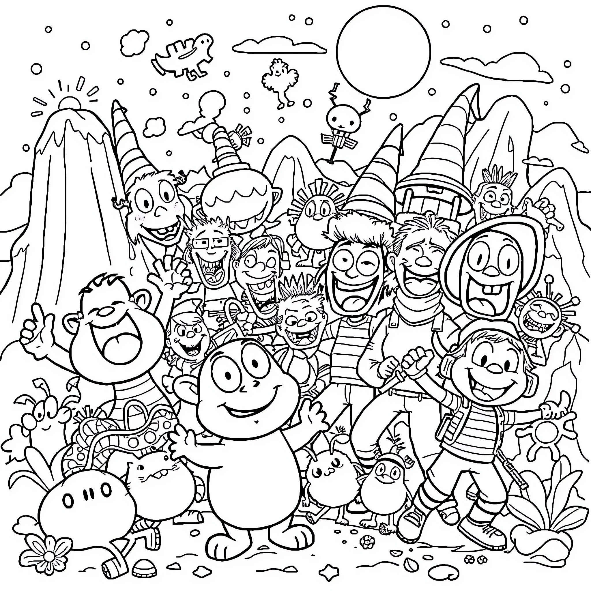 Cartoon Creatures Gathered for a Lively Adventure Coloring Page (free black-and-white line drawing printable PDF for all, from beginners to advanced learners, including children, teens, adults, and seniors)