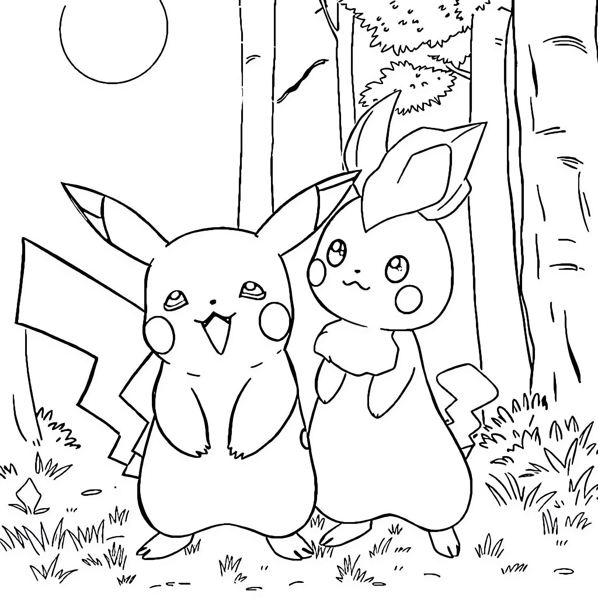 Pikachu and friends having a playful adventure in the forest Coloring Page (free black-and-white line drawing printable PDF for all, from beginners to advanced learners, including children, teens, adults, and seniors)