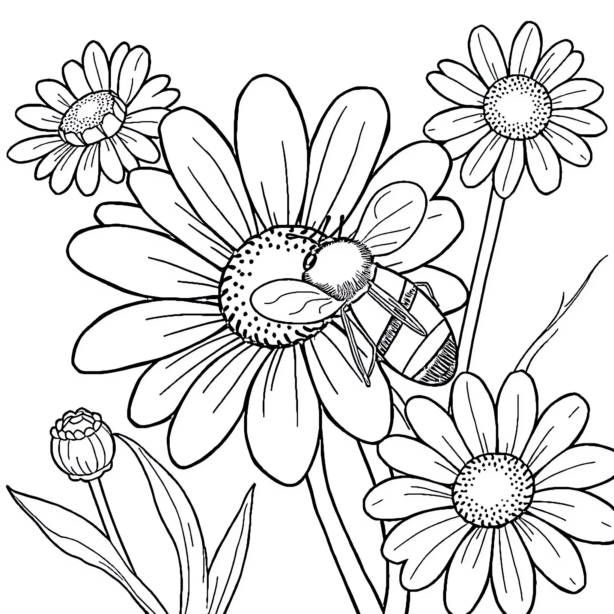 Bee pollinating cheerful daisies in garden Coloring Page (free black-and-white line drawing printable PDF for all, from beginners to advanced learners, including children, teens, adults, and seniors)