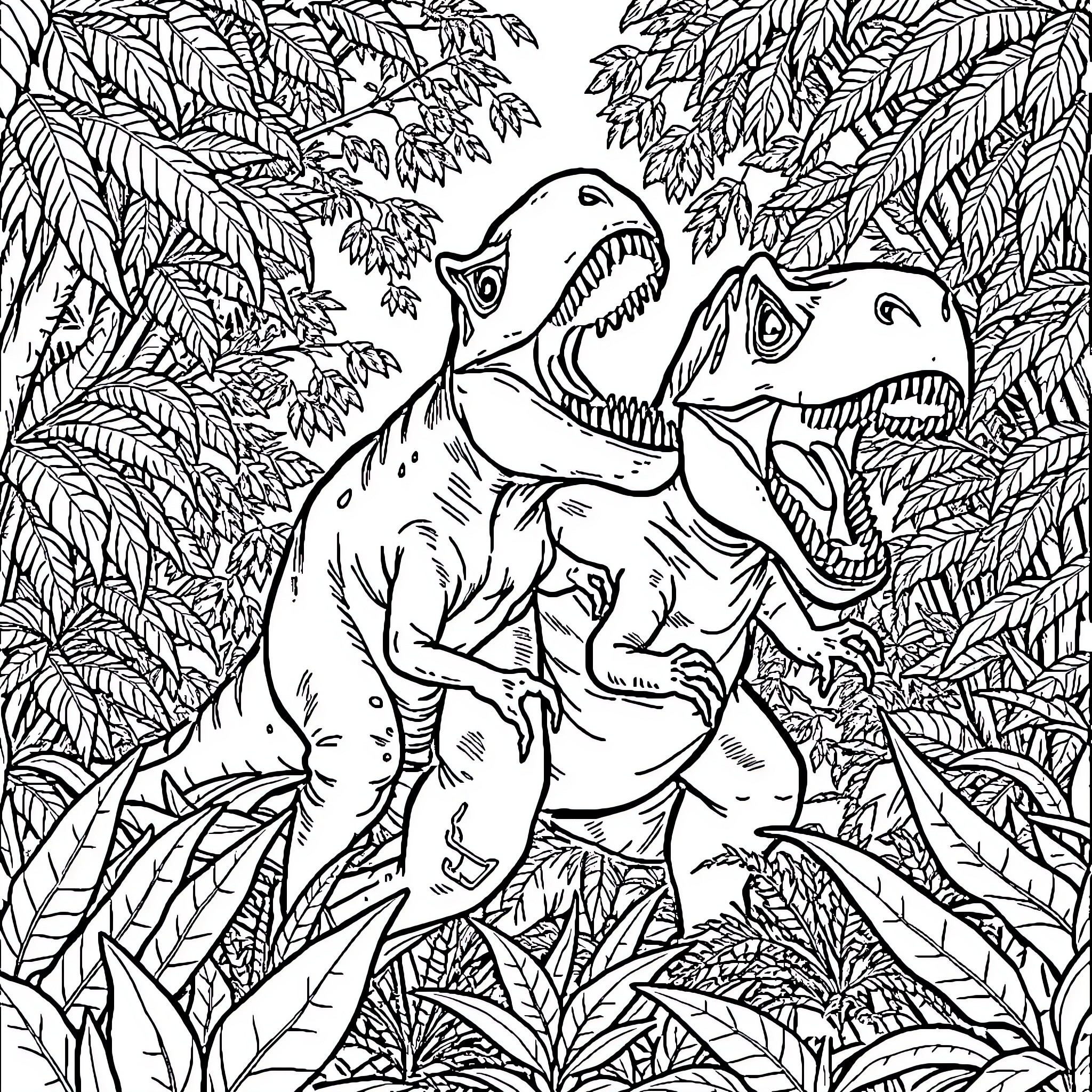 Indominus Rex Dinosaurs in Lush Jungle Landscape Coloring Page (free black-and-white line drawing printable PDF for all, from beginners to advanced learners, including children, teens, adults, and seniors)