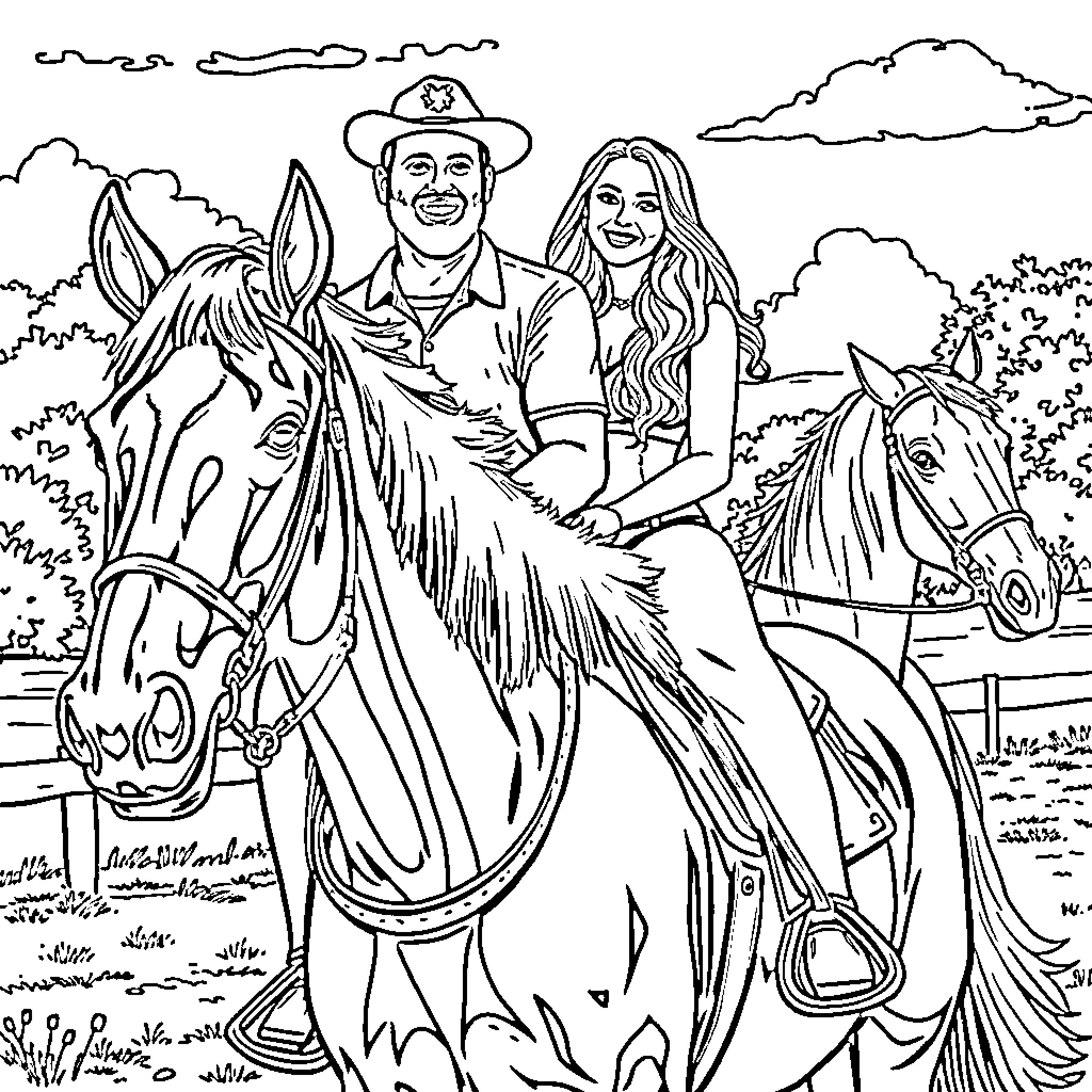 Horse-riding couple enjoying the countryside Coloring Page (free black-and-white line drawing printable PDF for all, from beginners to advanced learners, including children, teens, adults, and seniors)