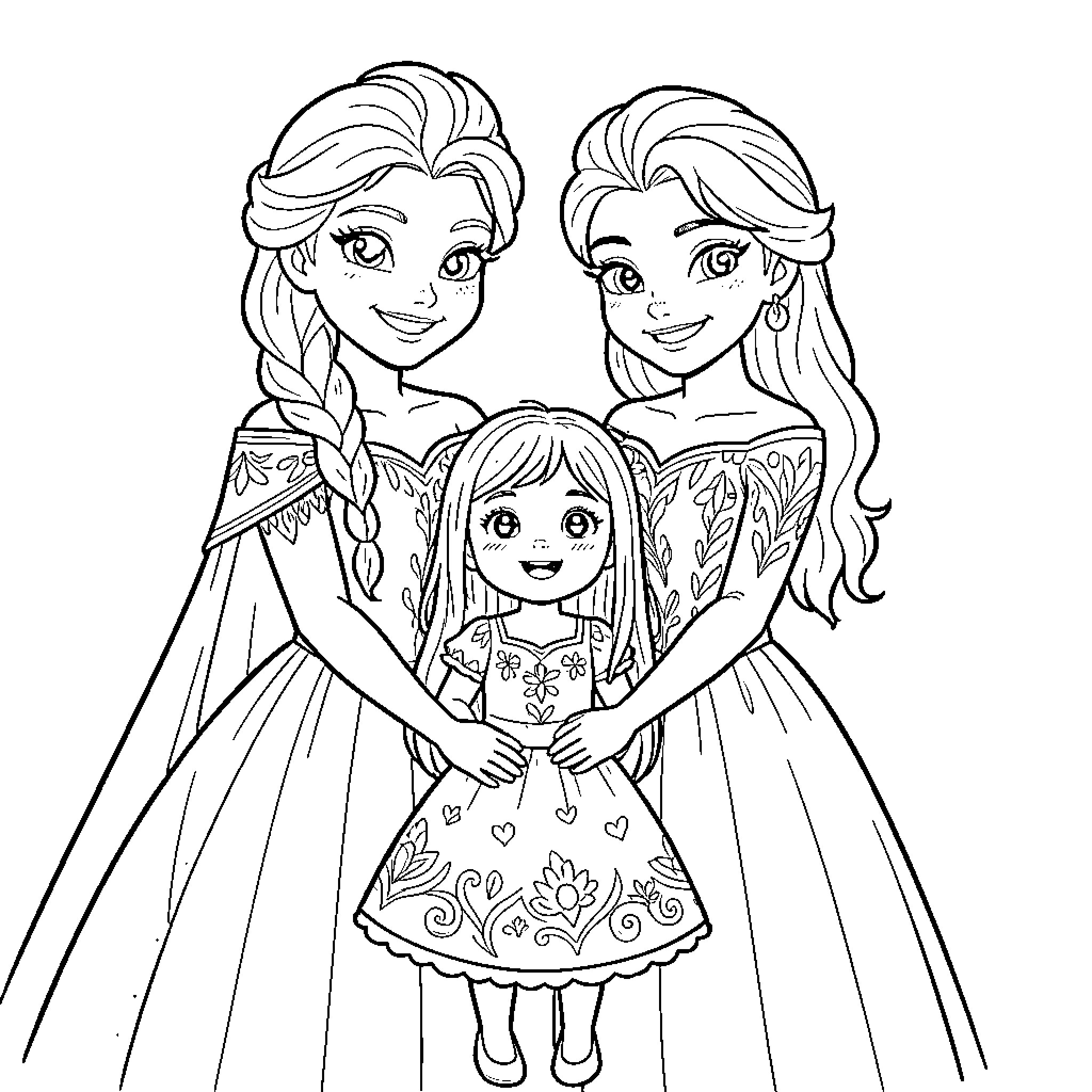 Anna and Elsa with Young Girl in Colorful Dresses Coloring Page (free black-and-white line drawing printable PDF for all, from beginners to advanced learners, including children, teens, adults, and seniors)