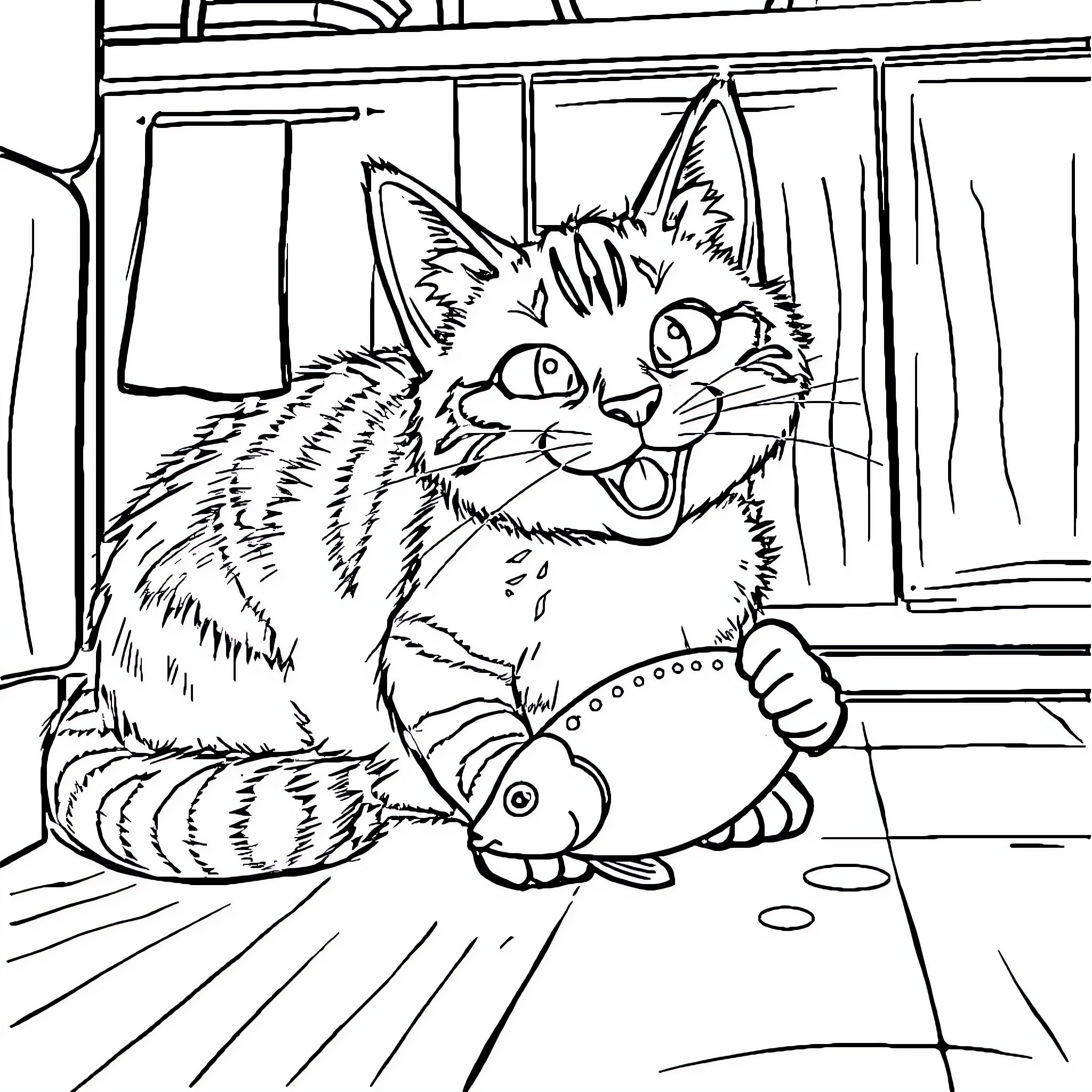 Tabby Cat Happily Playing with Fish Toy Coloring Page (free black-and-white line drawing printable PDF for all, from beginners to advanced learners, including children, teens, adults, and seniors)