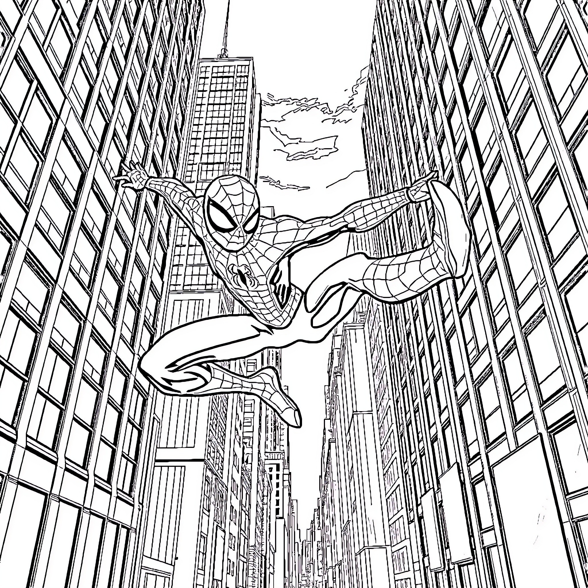 Spider-Man swinging through the city skyscrapers Coloring Page (free black-and-white line drawing printable PDF for all, from beginners to advanced learners, including children, teens, adults, and seniors)