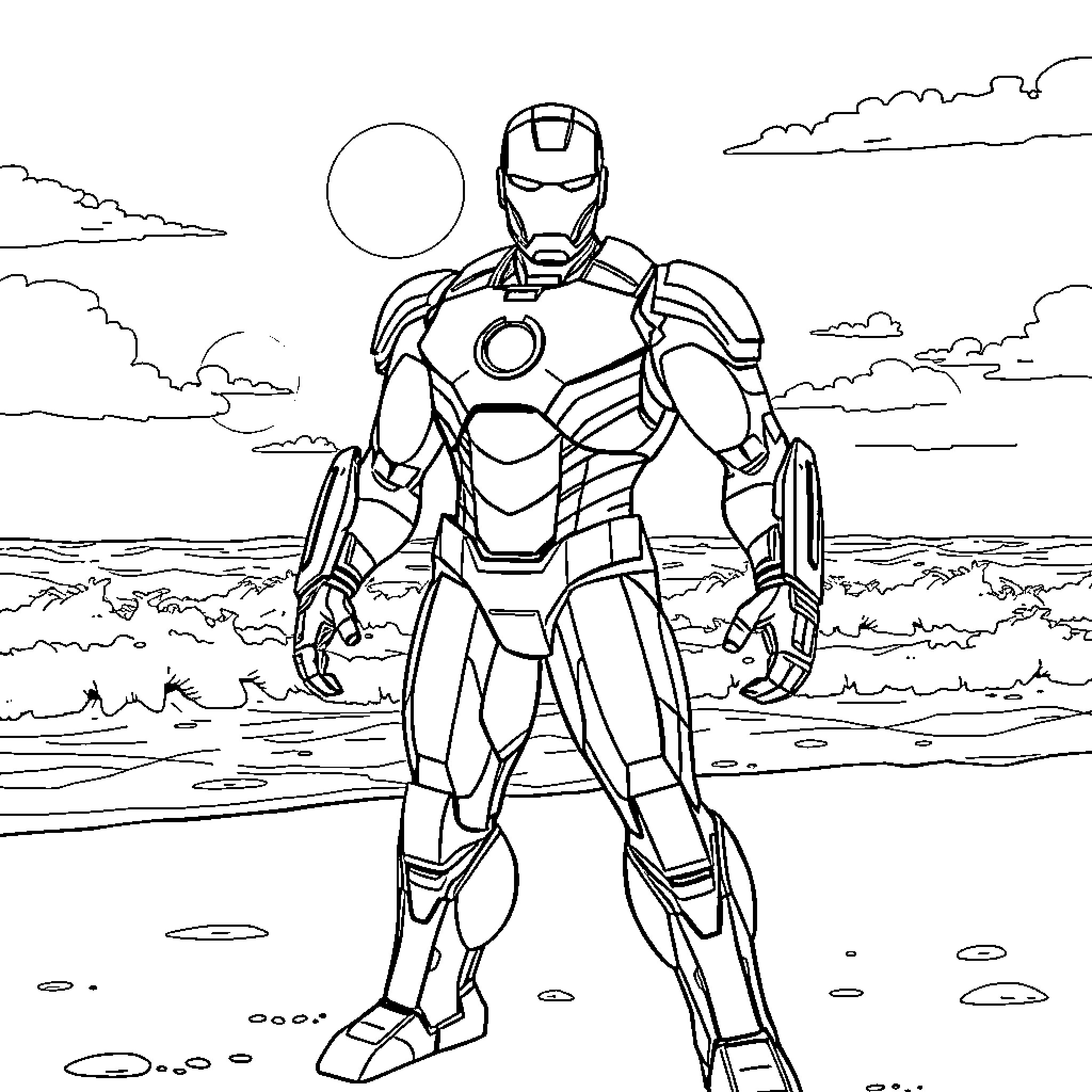 Iron Man Standing Tall in the Scenic Landscape Coloring Page (free black-and-white line drawing printable PDF for all, from beginners to advanced learners, including children, teens, adults, and seniors)