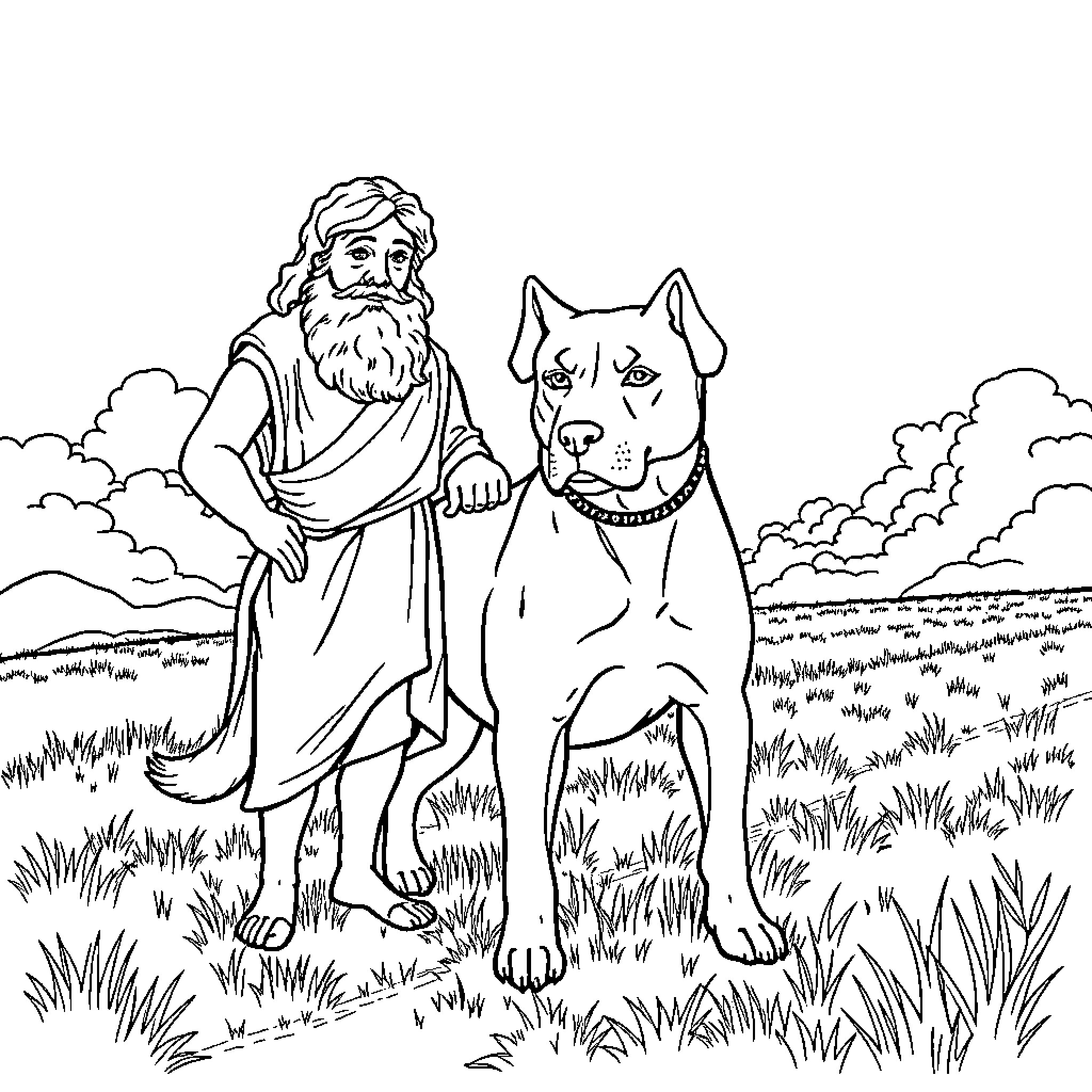Euripides and his loyal canine companion in a field Coloring Page (free black-and-white line drawing printable PDF for all, from beginners to advanced learners, including children, teens, adults, and seniors)