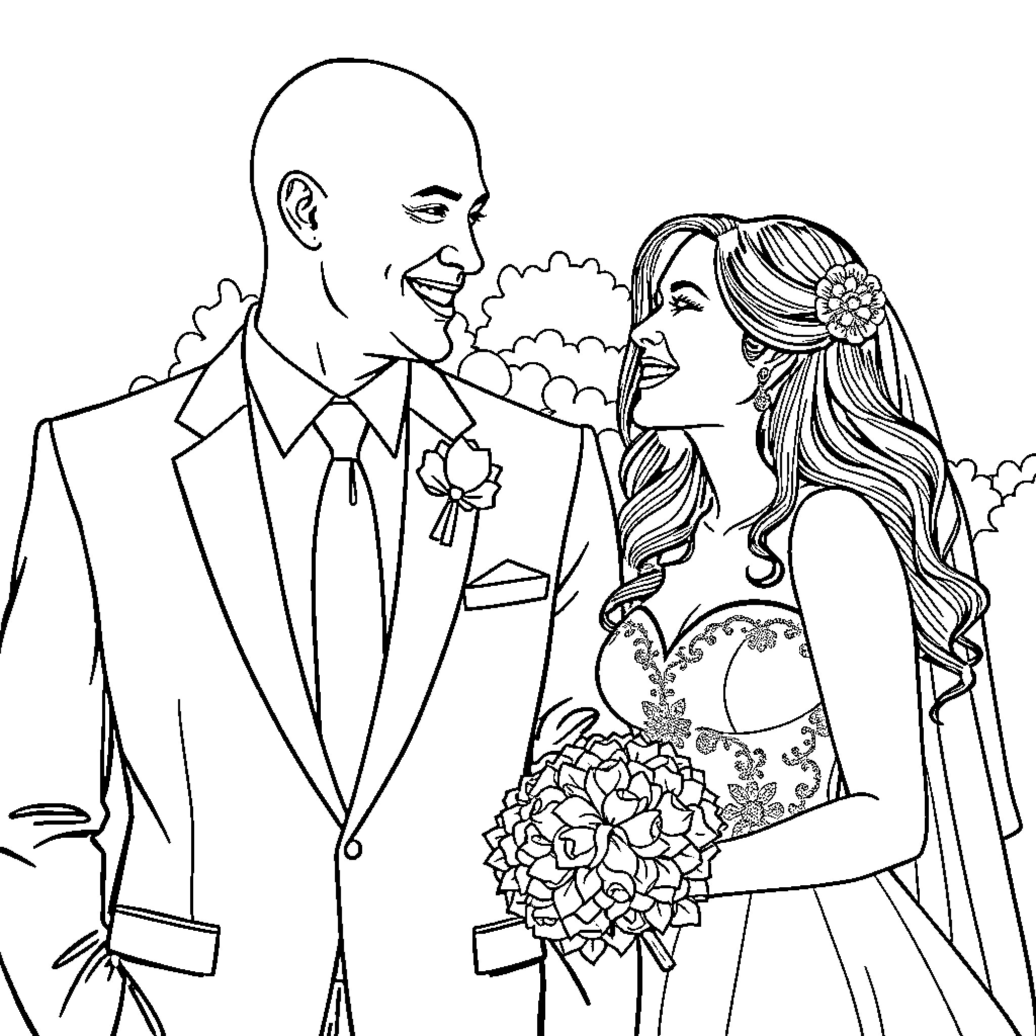 Wedding celebration of happy couple Coloring Page (free black-and-white line drawing printable PDF for all, from beginners to advanced learners, including children, teens, adults, and seniors)