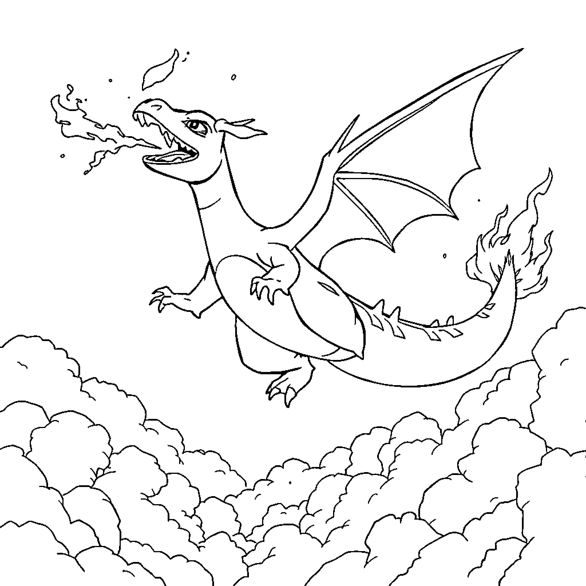 Charizard flying through the clouds Coloring Page (free black-and-white line drawing printable PDF for all, from beginners to advanced learners, including children, teens, adults, and seniors)