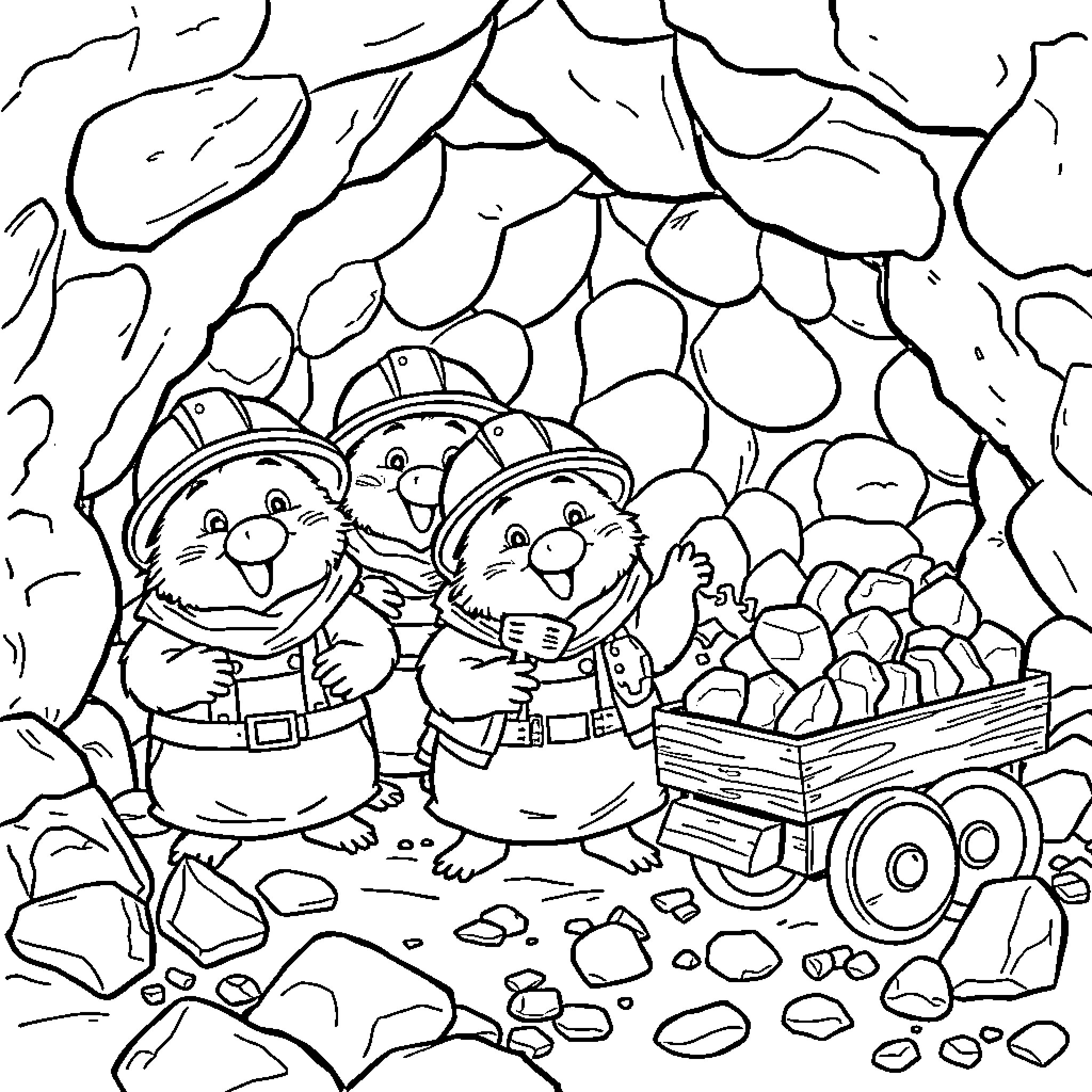 Mole Miners Hauling Gems in Cart Coloring Page (free black-and-white line drawing printable PDF for all, from beginners to advanced learners, including children, teens, adults, and seniors)