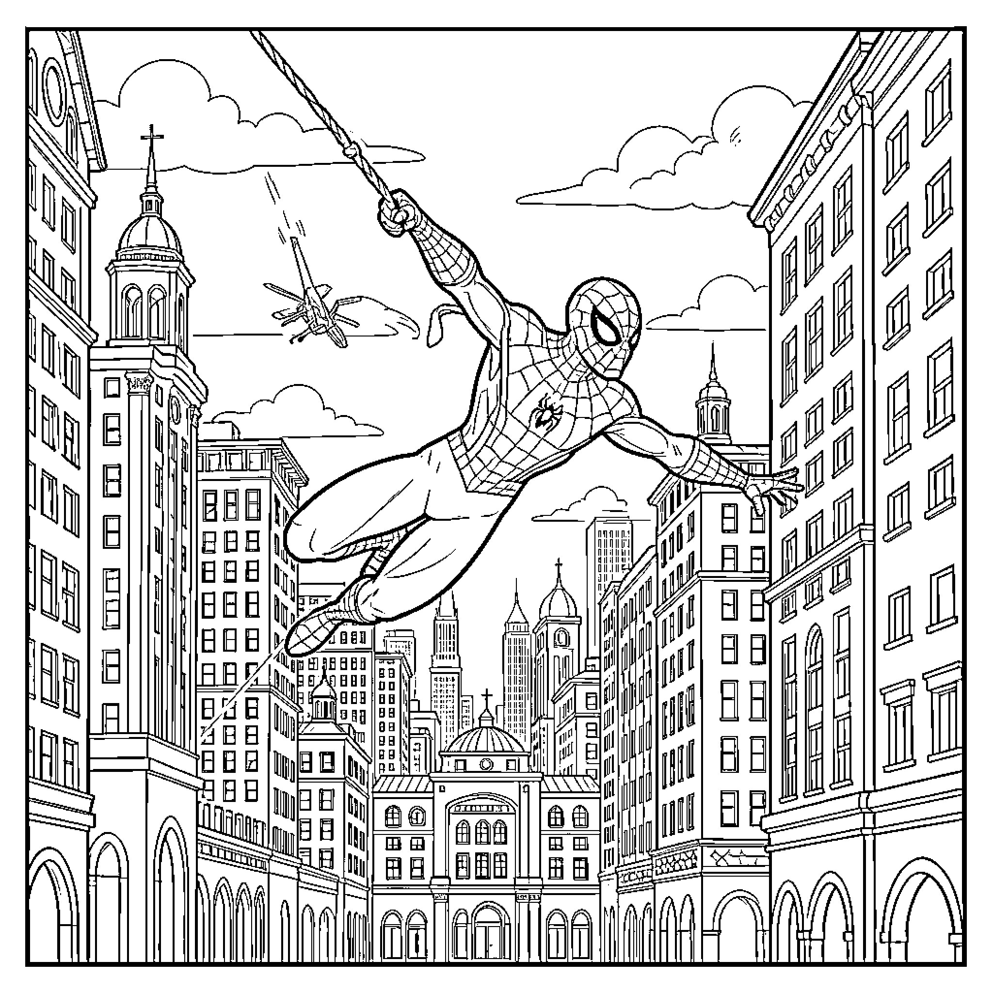 Spider-Man swinging through a city of tall buildings Coloring Page (free black-and-white line drawing printable PDF for all, from beginners to advanced learners, including children, teens, adults, and seniors)