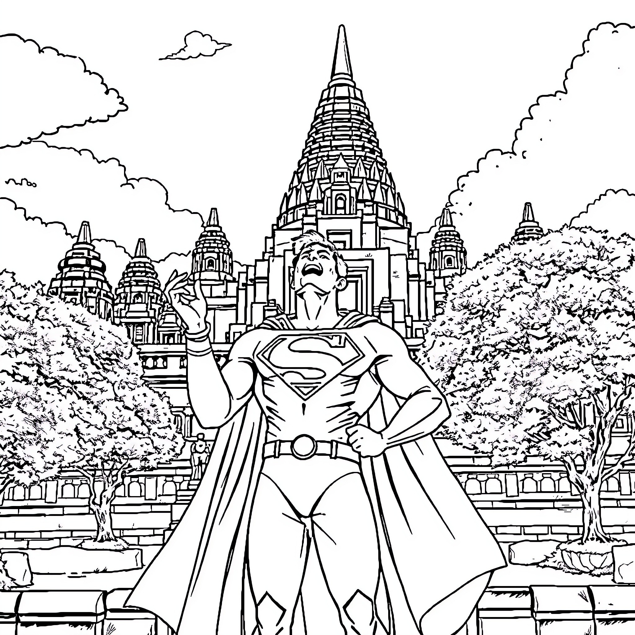 Superman in a fantastical city with towering temples Coloring Page (free black-and-white line drawing printable PDF for all, from beginners to advanced learners, including children, teens, adults, and seniors)