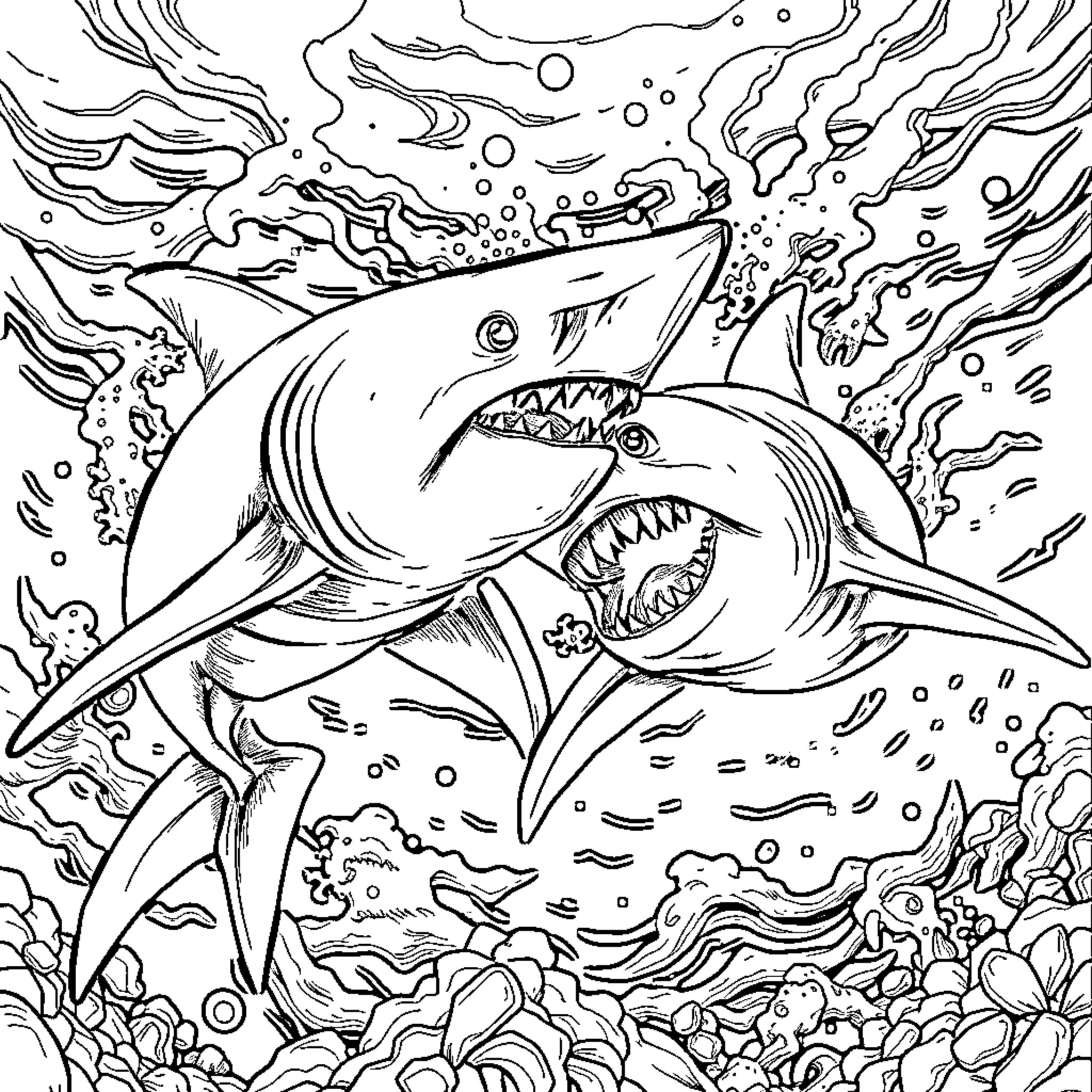 Sharks Ferociously Hunting Underwater Coloring Page (free black-and-white line drawing printable PDF for all, from beginners to advanced learners, including children, teens, adults, and seniors)