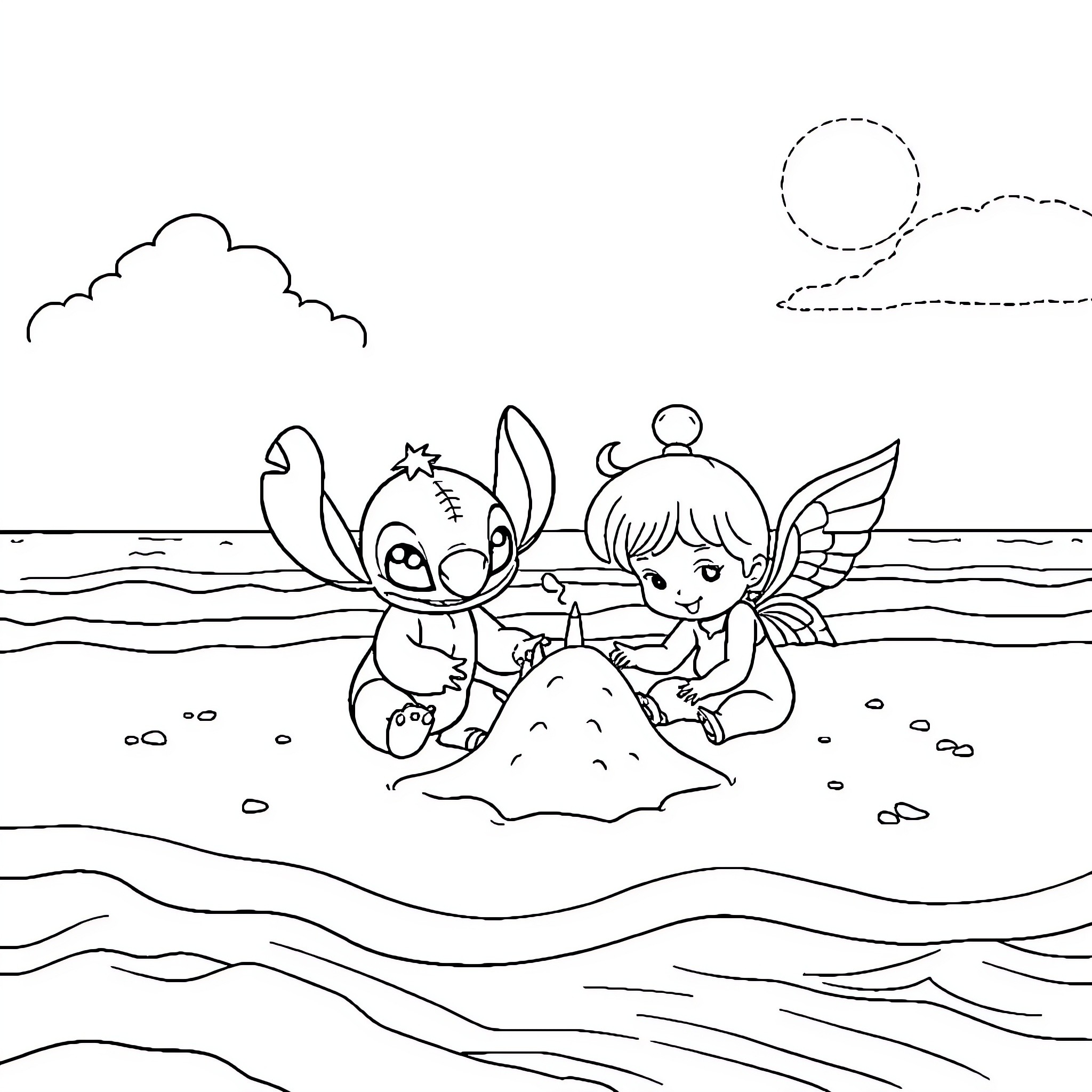 Stitch and fairy playing by the ocean Coloring Page (free black-and-white line drawing printable PDF for all, from beginners to advanced learners, including children, teens, adults, and seniors)