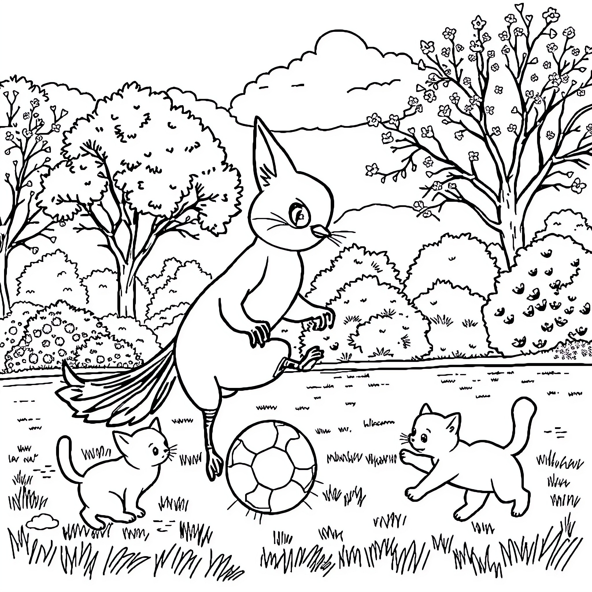 Stella's Whimsical Adventure in the Forest Coloring Page (free black-and-white line drawing printable PDF for all, from beginners to advanced learners, including children, teens, adults, and seniors)