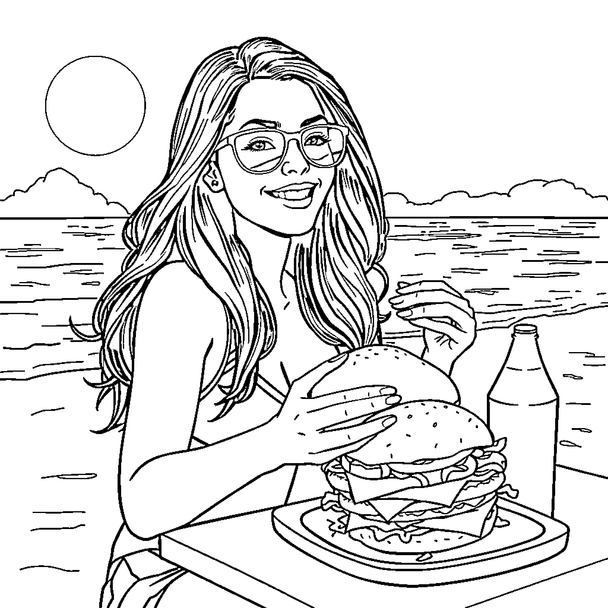 Chica enjoys a seaside snack Coloring Page (free black-and-white line drawing printable PDF for all, from beginners to advanced learners, including children, teens, adults, and seniors)