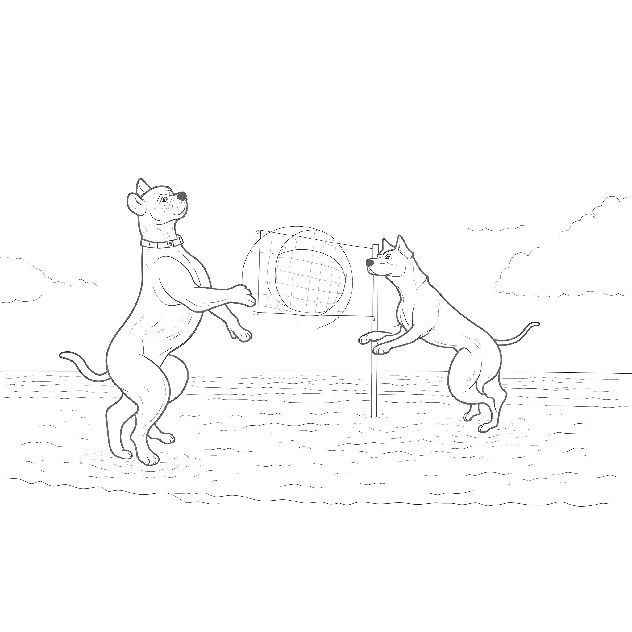 Boxer dogs playing with beach ball in water Coloring Page (free black-and-white line drawing printable PDF for all, from beginners to advanced learners, including children, teens, adults, and seniors)