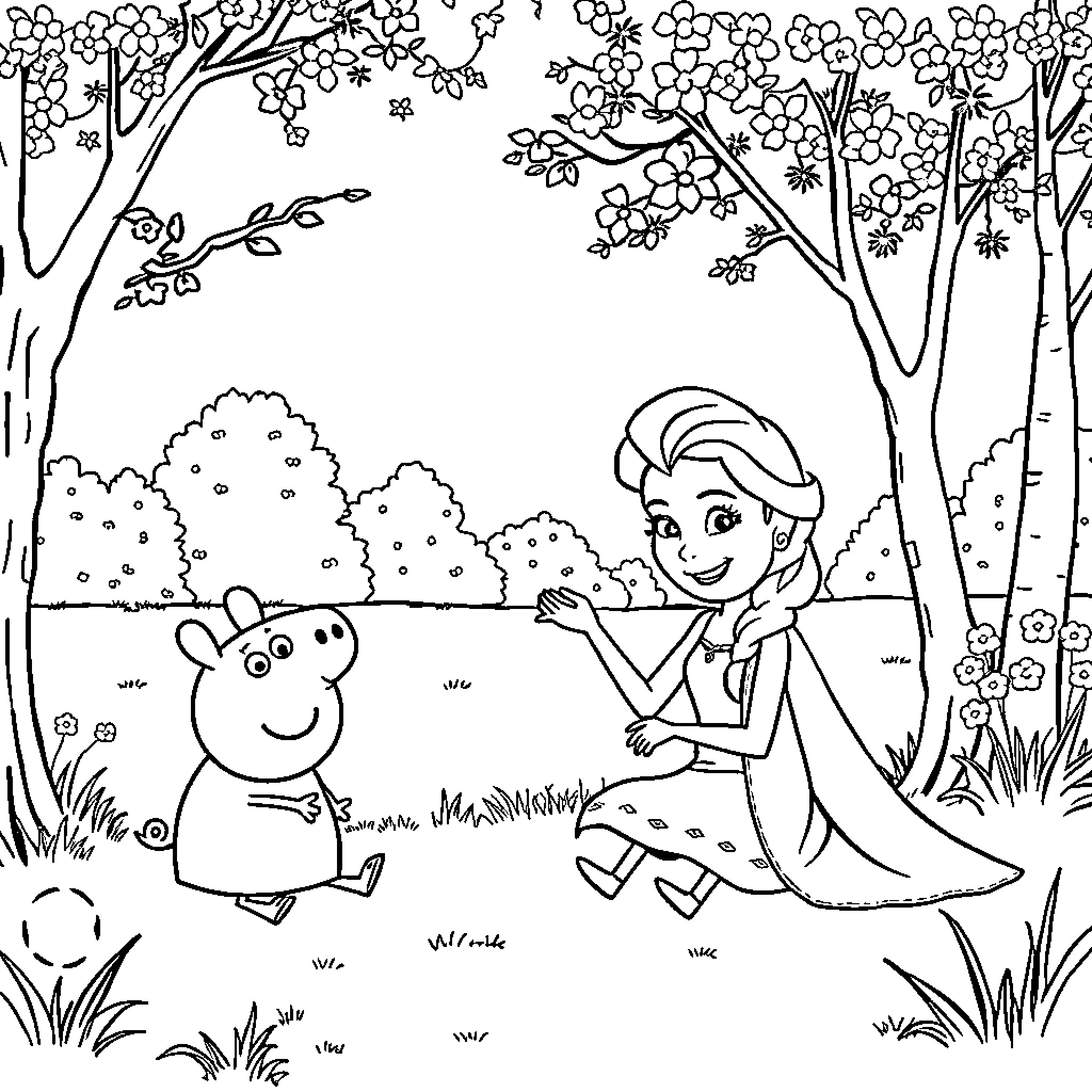 Elsa's Magical Forest Adventure Coloring Page (free black-and-white line drawing printable PDF for all, from beginners to advanced learners, including children, teens, adults, and seniors)