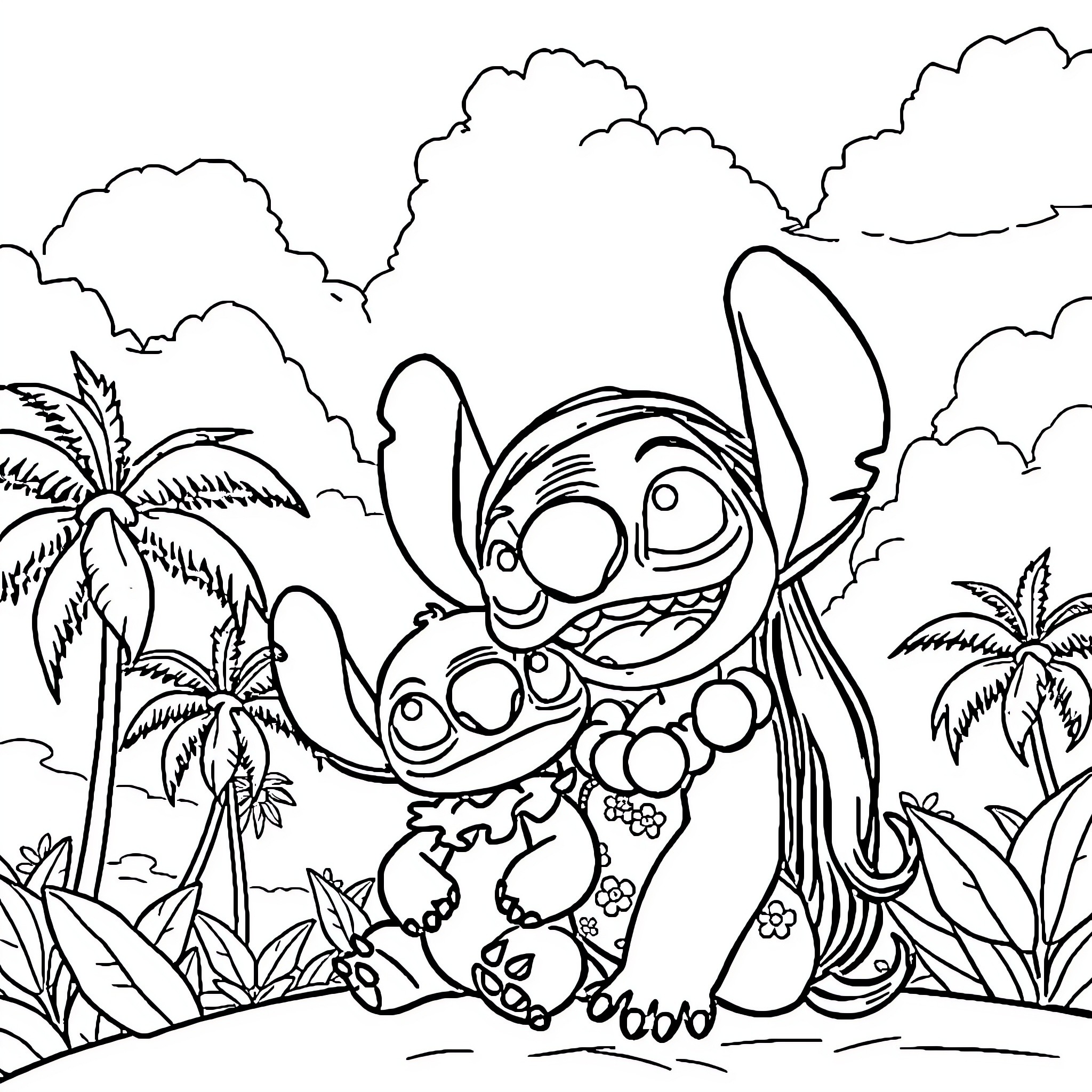 Lilo Stitch enjoying tropical scenery with friends Coloring Page (free black-and-white line drawing printable PDF for all, from beginners to advanced learners, including children, teens, adults, and seniors)