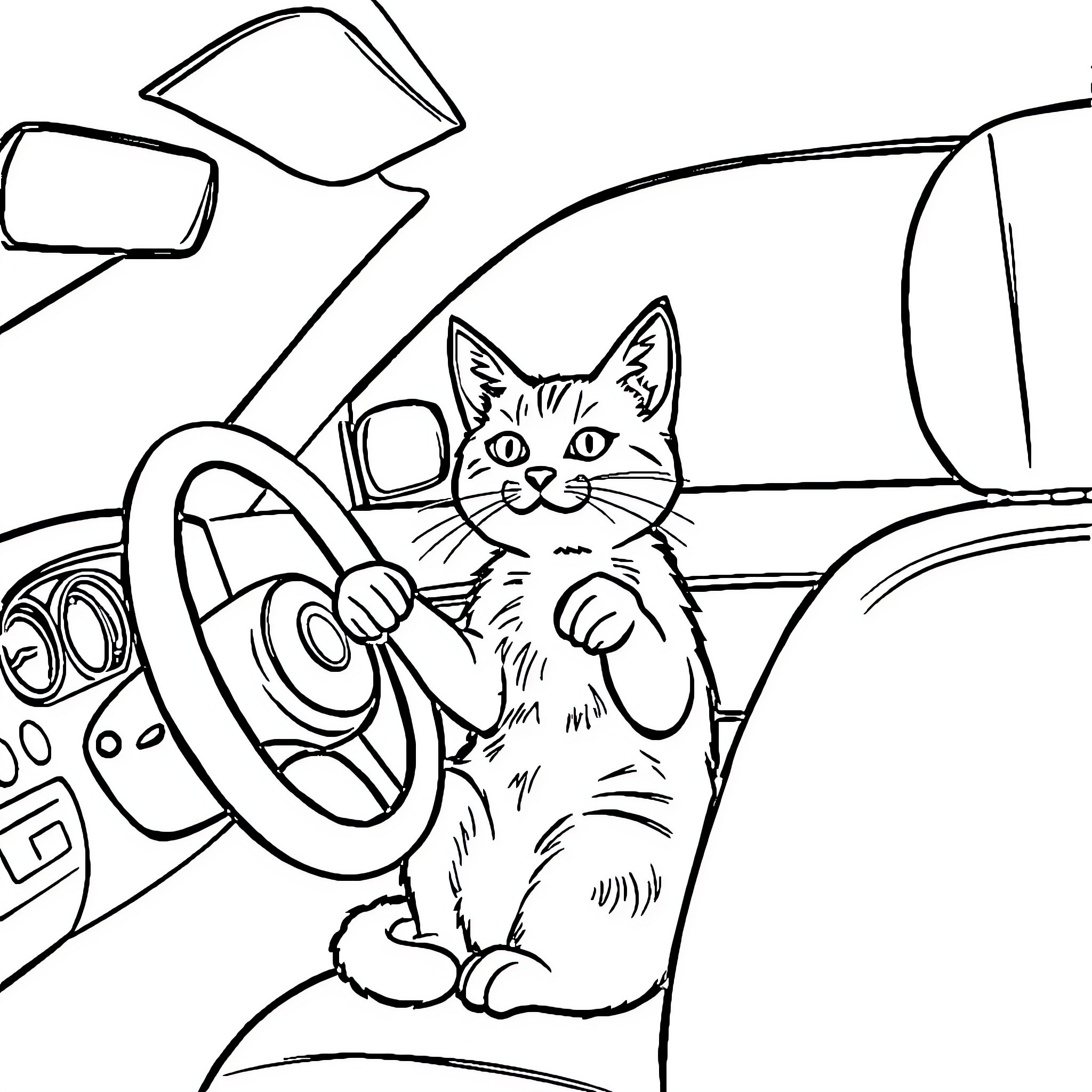 Cat driving a car happily Coloring Page (free black-and-white line drawing printable PDF for all, from beginners to advanced learners, including children, teens, adults, and seniors)