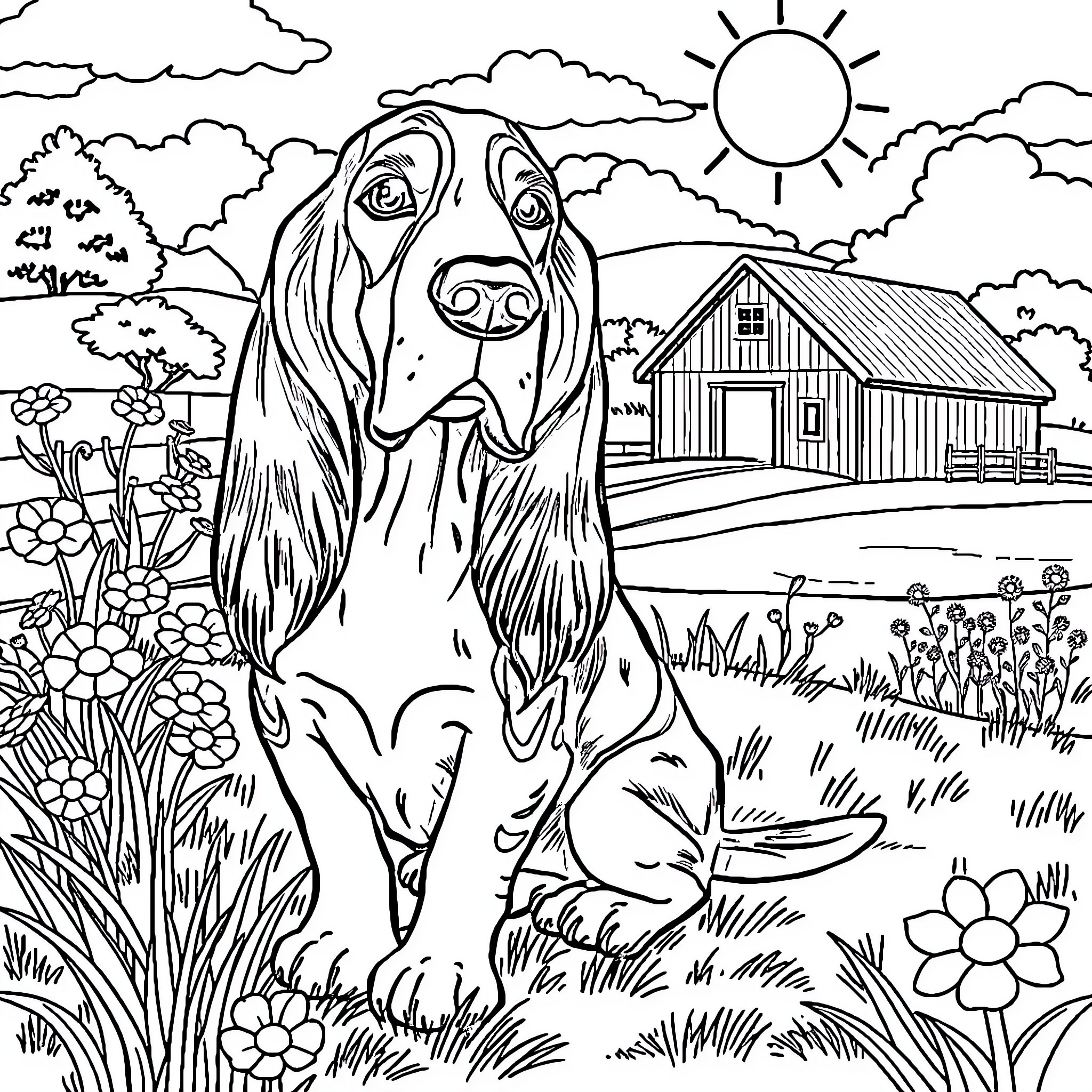 Basset Hound enjoying nature in a rural landscape Coloring Page (free black-and-white line drawing printable PDF for all, from beginners to advanced learners, including children, teens, adults, and seniors)