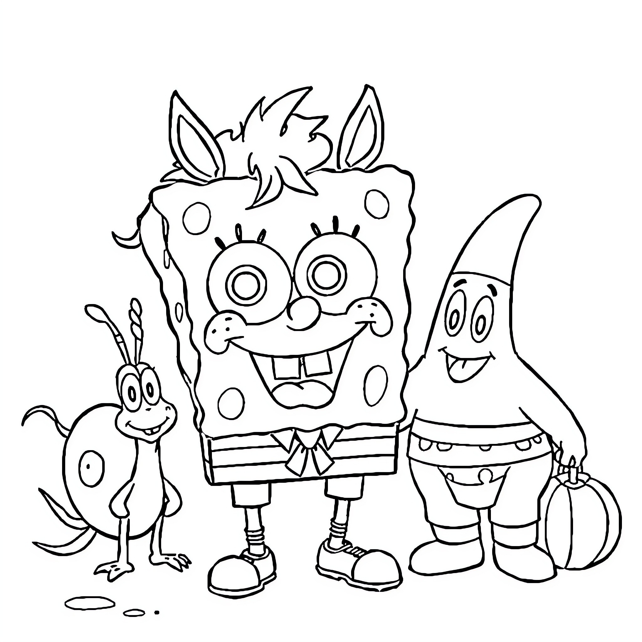 Spongebob, Patrick, and Gary in a silly adventure Coloring Page (free black-and-white line drawing printable PDF for all, from beginners to advanced learners, including children, teens, adults, and seniors)