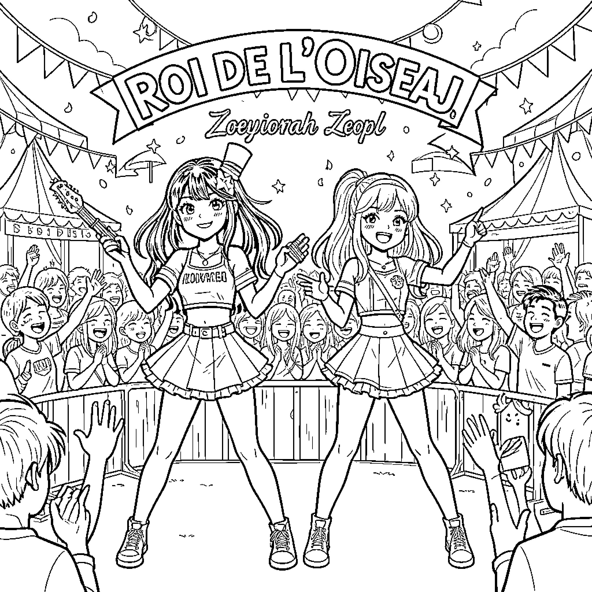 Zoey performing energetic songs on a festive stage Coloring Page (free black-and-white line drawing printable PDF for all, from beginners to advanced learners, including children, teens, adults, and seniors)
