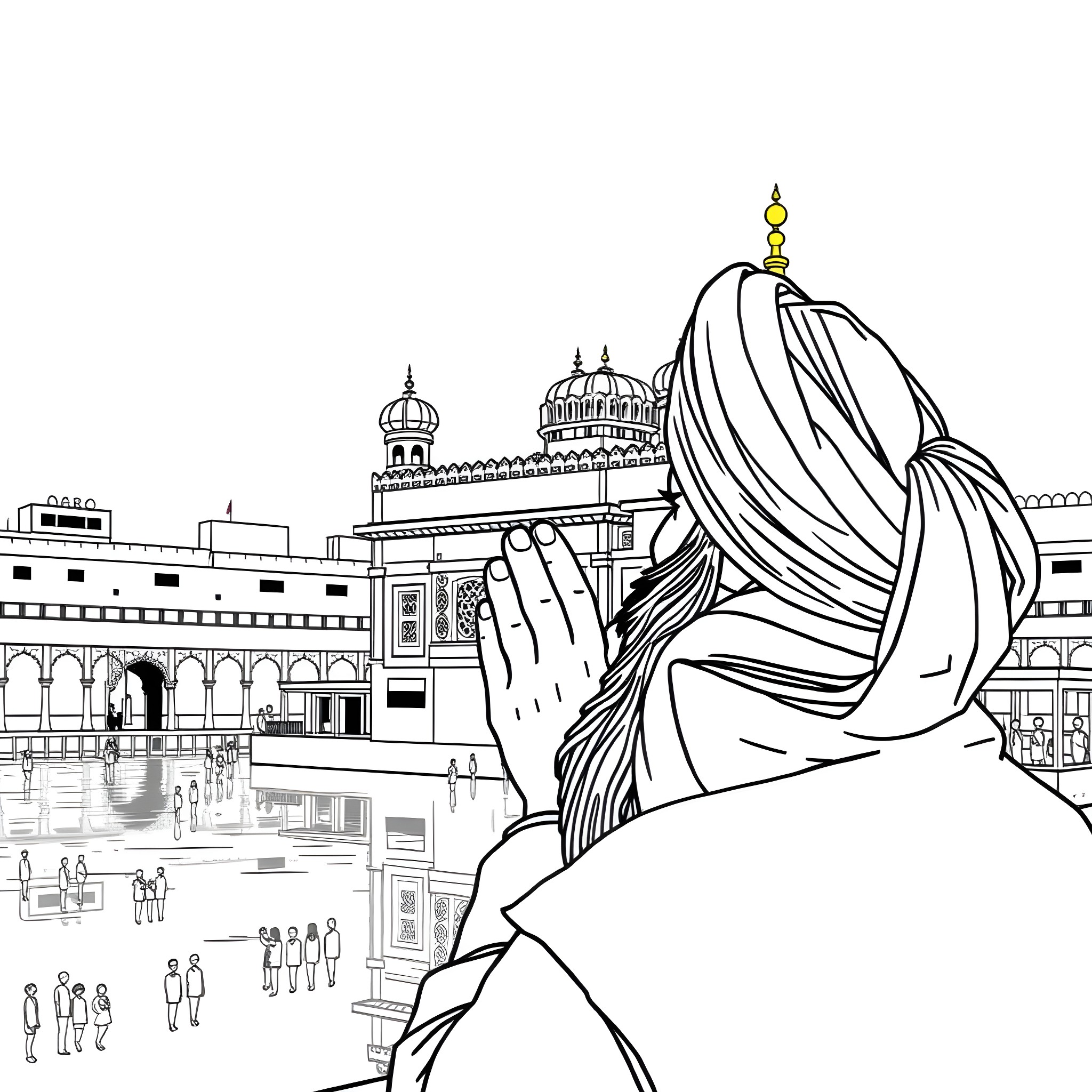 Man praying at a religious temple Coloring Page (free black-and-white line drawing printable PDF for all, from beginners to advanced learners, including children, teens, adults, and seniors)