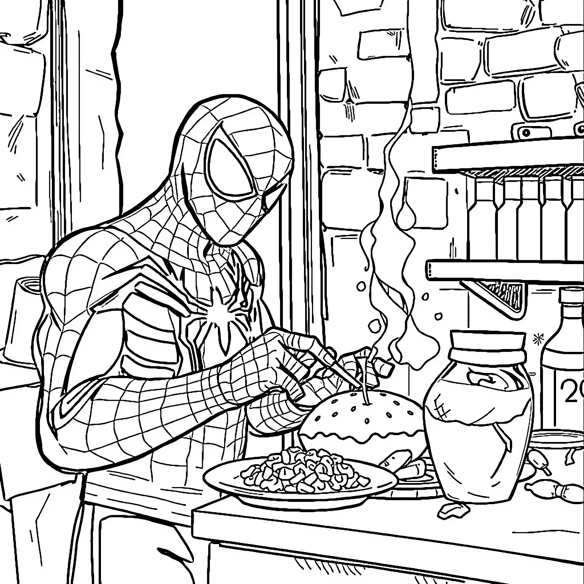 Spiderman preparing a meal in his kitchen Coloring Page (free black-and-white line drawing printable PDF for all, from beginners to advanced learners, including children, teens, adults, and seniors)