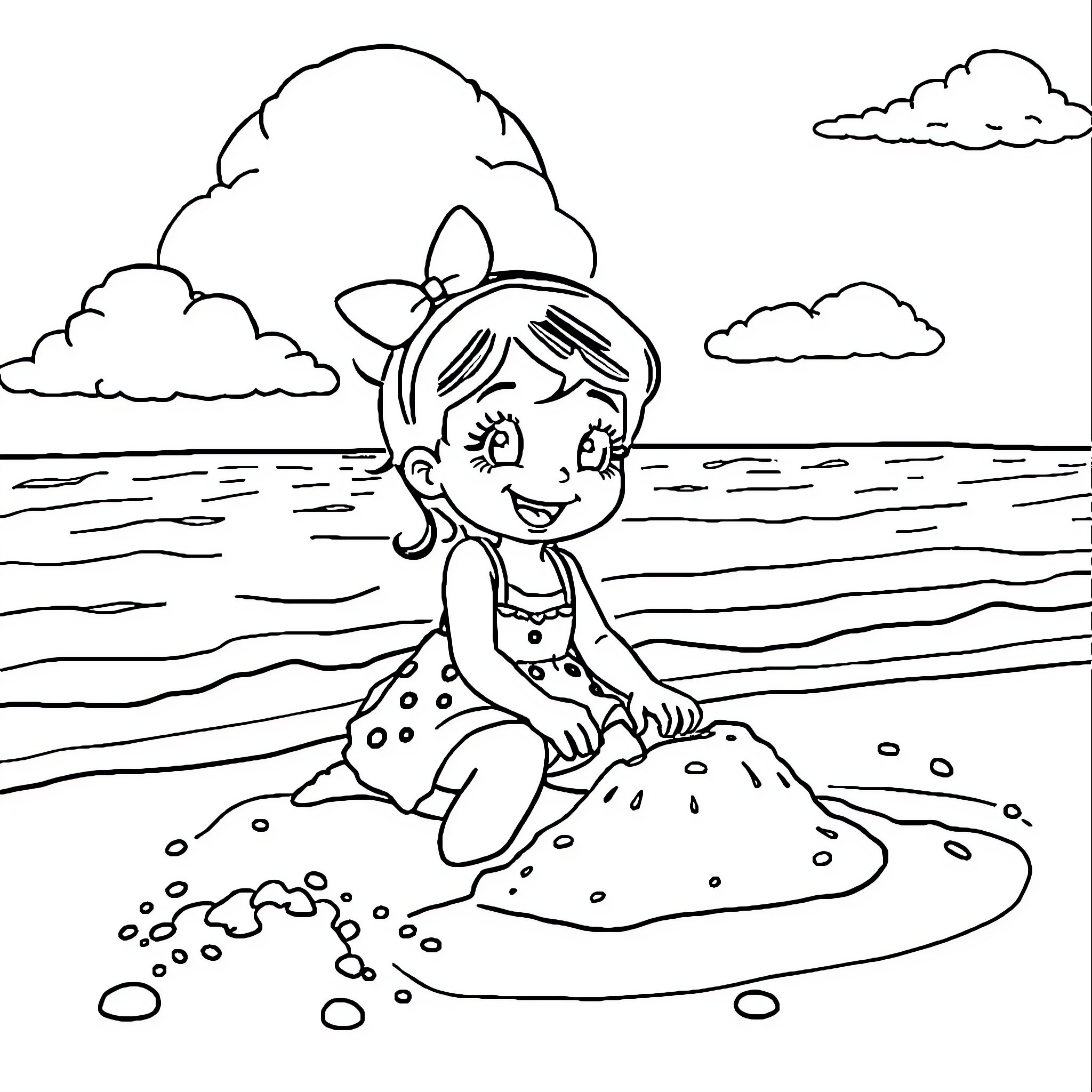 Ninipette playing happily in the sand by the sea Coloring Page (free black-and-white line drawing printable PDF for all, from beginners to advanced learners, including children, teens, adults, and seniors)