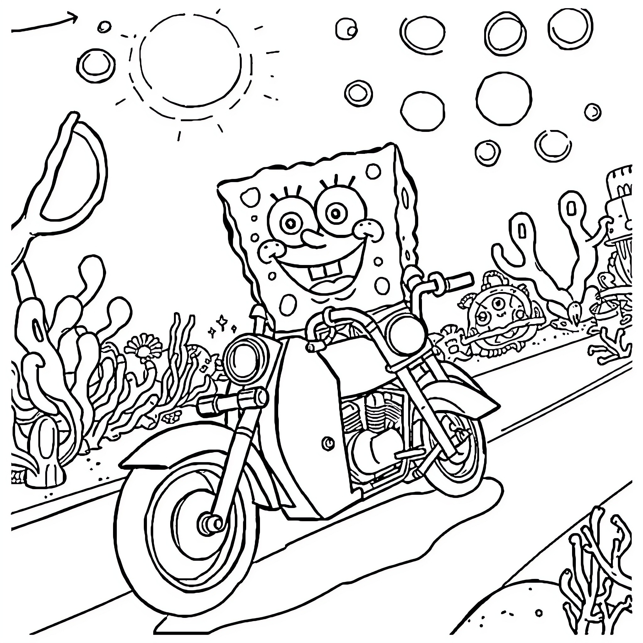 Spongebob rides his motorcycle through an underwater scene Coloring Page (free black-and-white line drawing printable PDF for all, from beginners to advanced learners, including children, teens, adults, and seniors)