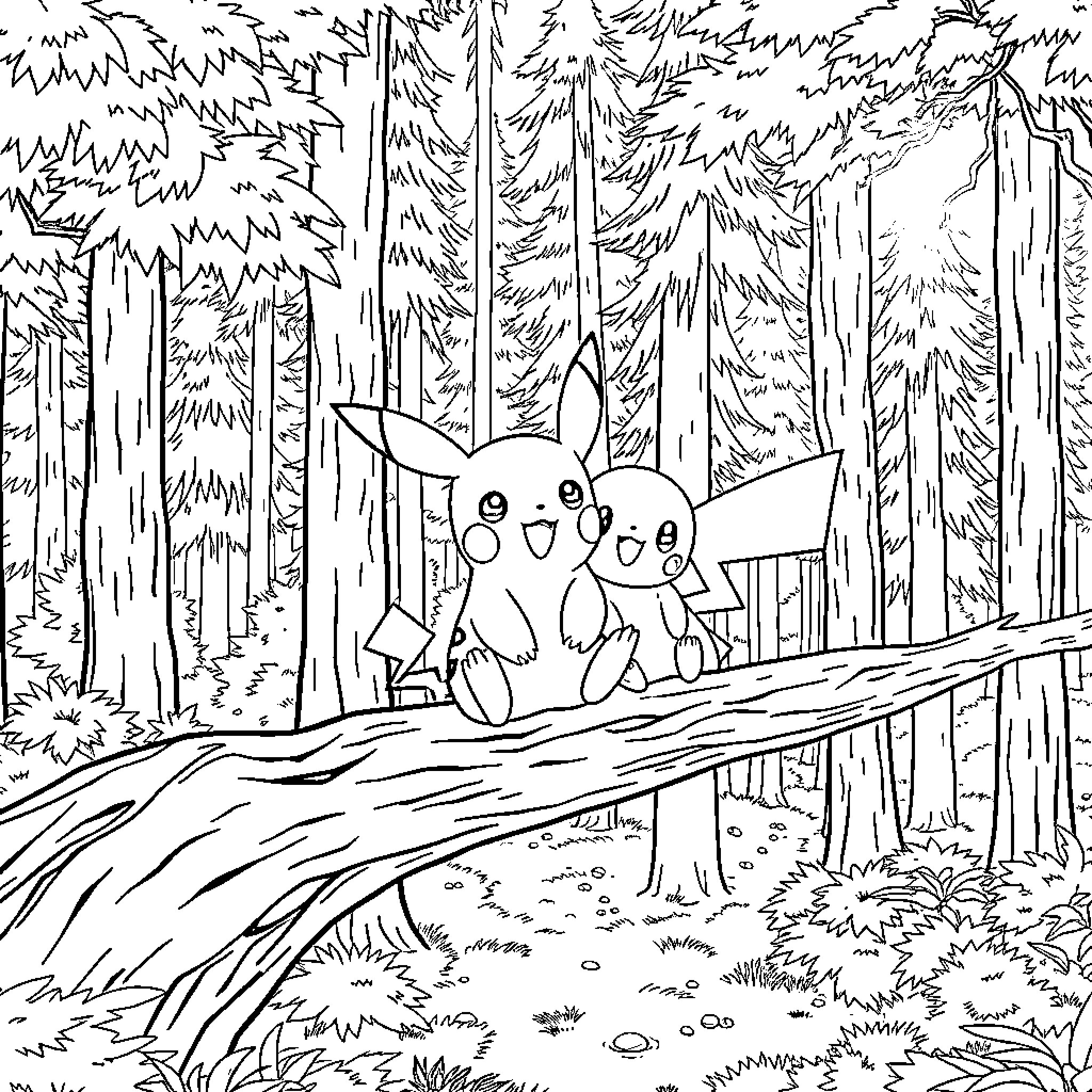 Pikachu exploring the forest with friends Coloring Page (free black-and-white line drawing printable PDF for all, from beginners to advanced learners, including children, teens, adults, and seniors)