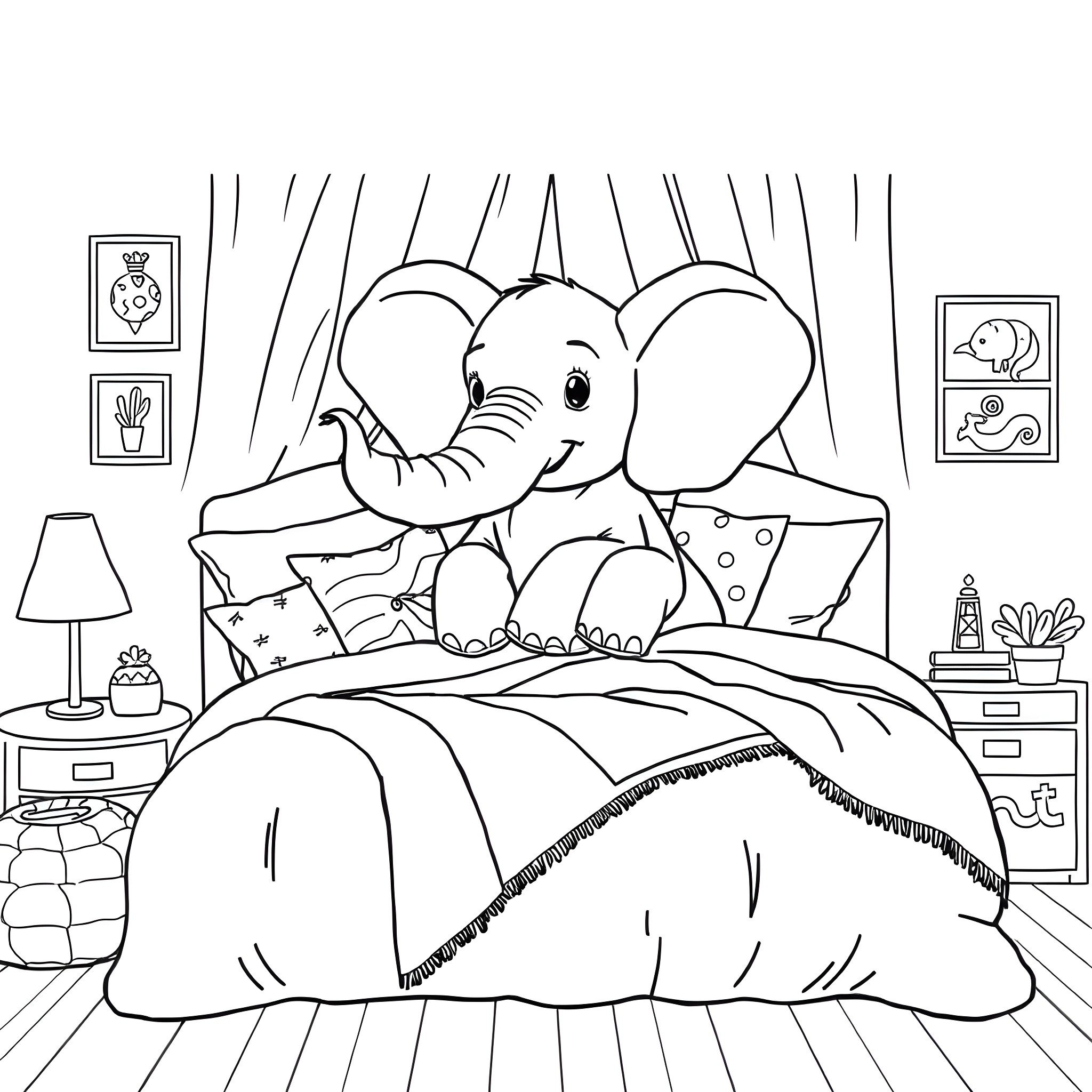 Elephant relaxing comfortably in the bedroom Coloring Page (free black-and-white line drawing printable PDF for all, from beginners to advanced learners, including children, teens, adults, and seniors)