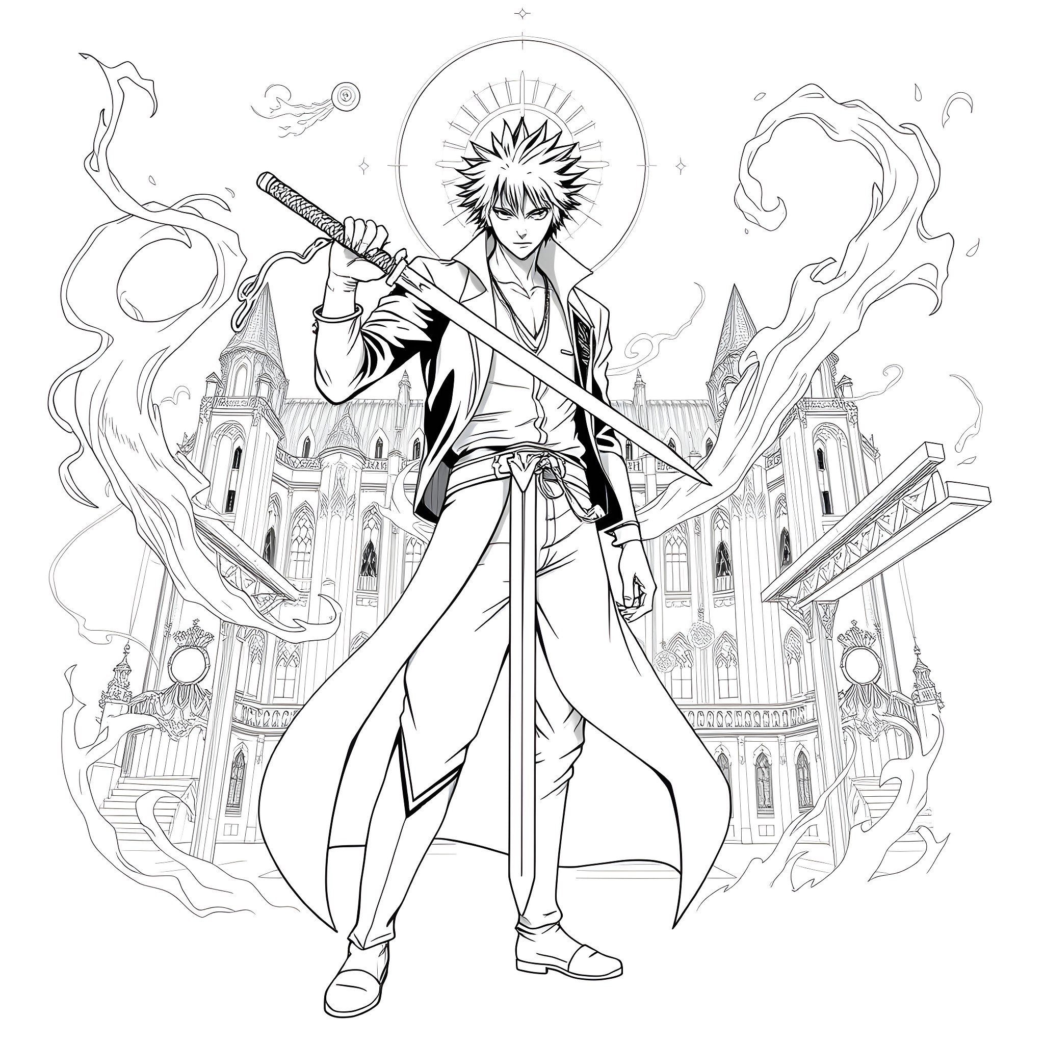 Ichigo's Heroic Stance in a Fantastical Realm Coloring Page (free black-and-white line drawing printable PDF for all, from beginners to advanced learners, including children, teens, adults, and seniors)