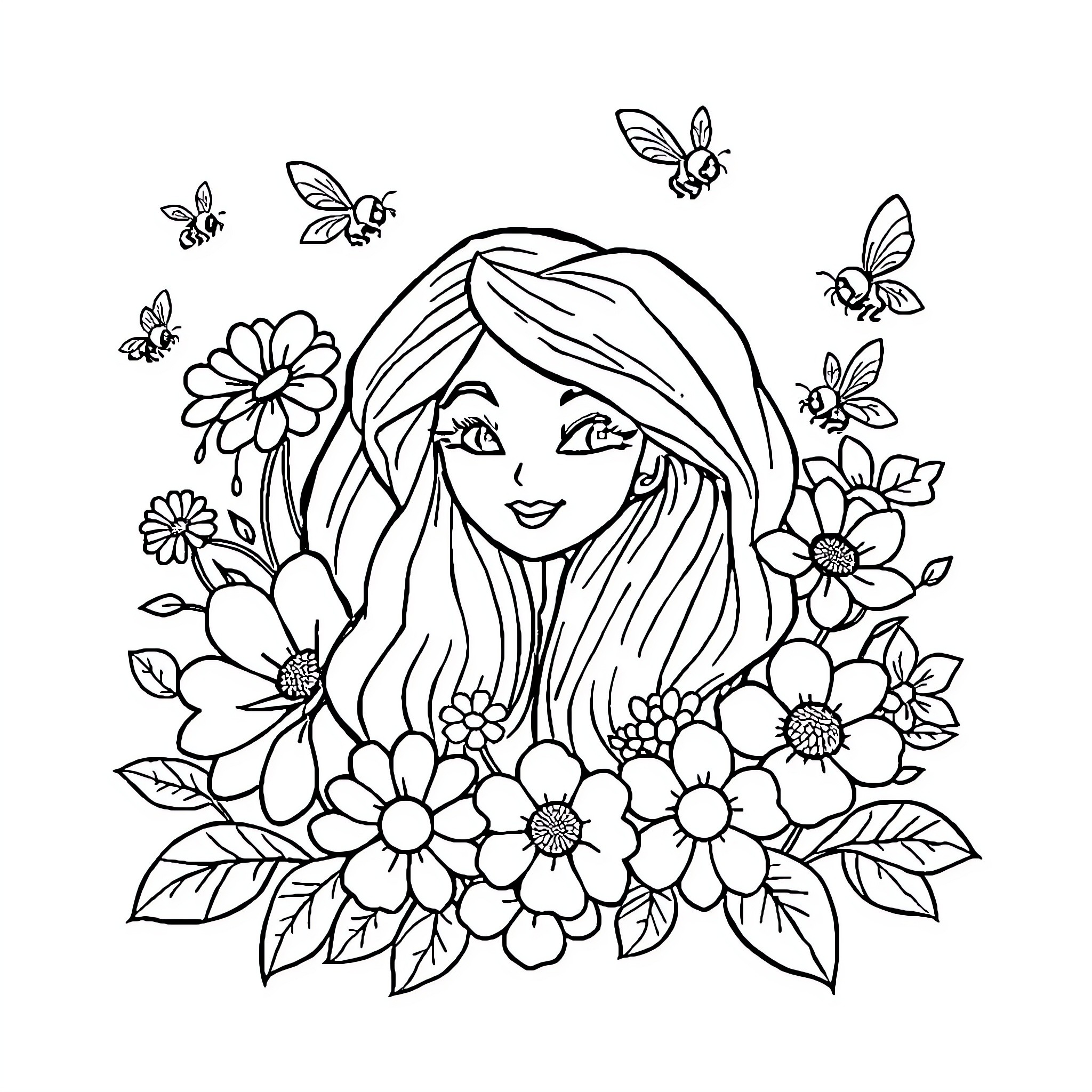 Logo of woman surrounded by flowers and butterflies Coloring Page (free black-and-white line drawing printable PDF for all, from beginners to advanced learners, including children, teens, adults, and seniors)