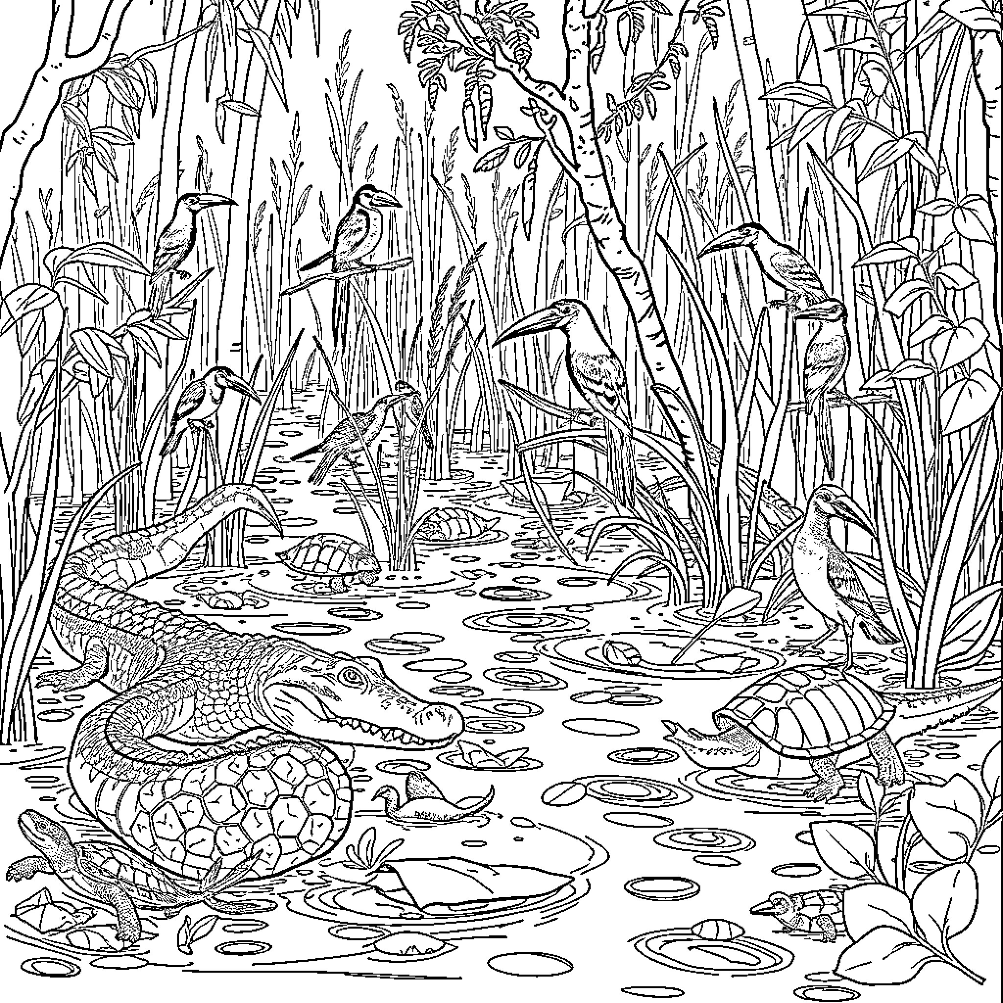 Animal nature scene with various wildlife in the pond Coloring Page (free black-and-white line drawing printable PDF for all, from beginners to advanced learners, including children, teens, adults, and seniors)