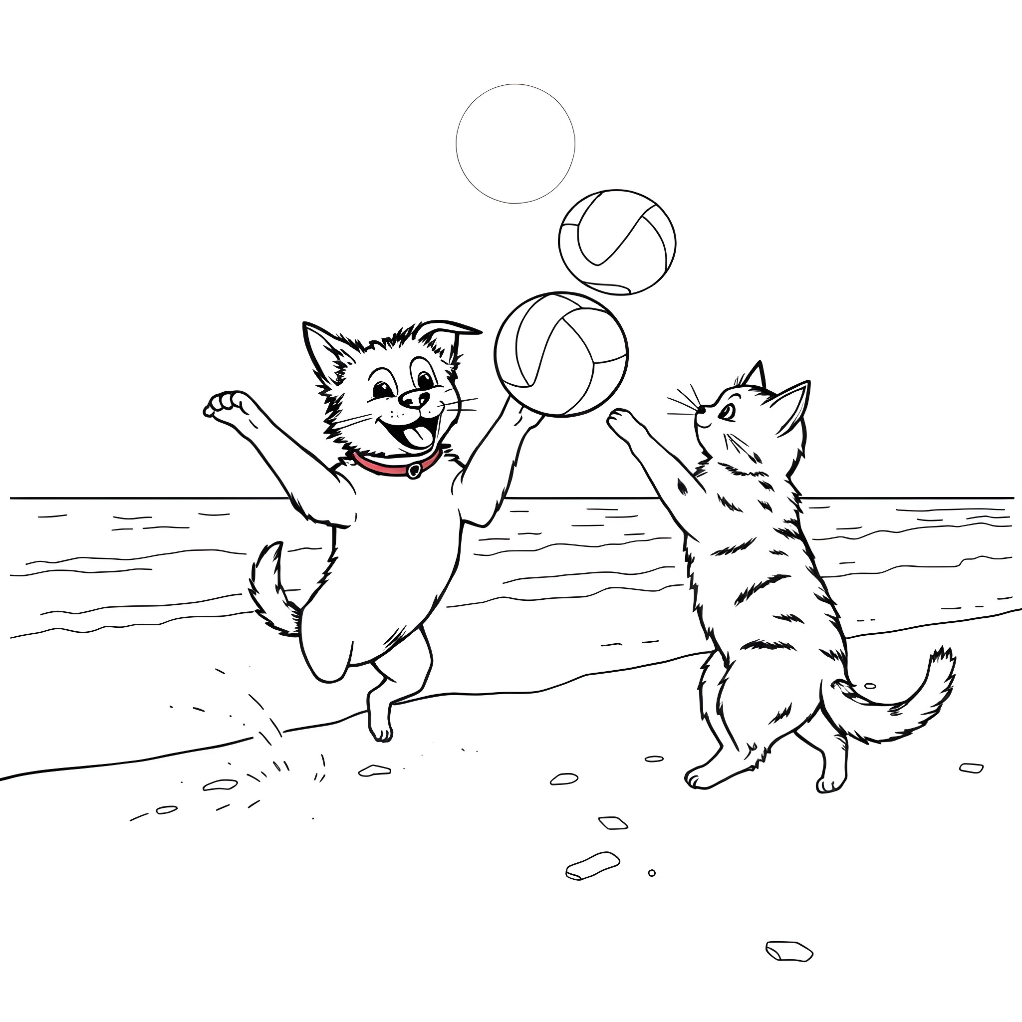 Dogs playing joyfully with ball on the beach Coloring Page (free black-and-white line drawing printable PDF for all, from beginners to advanced learners, including children, teens, adults, and seniors)