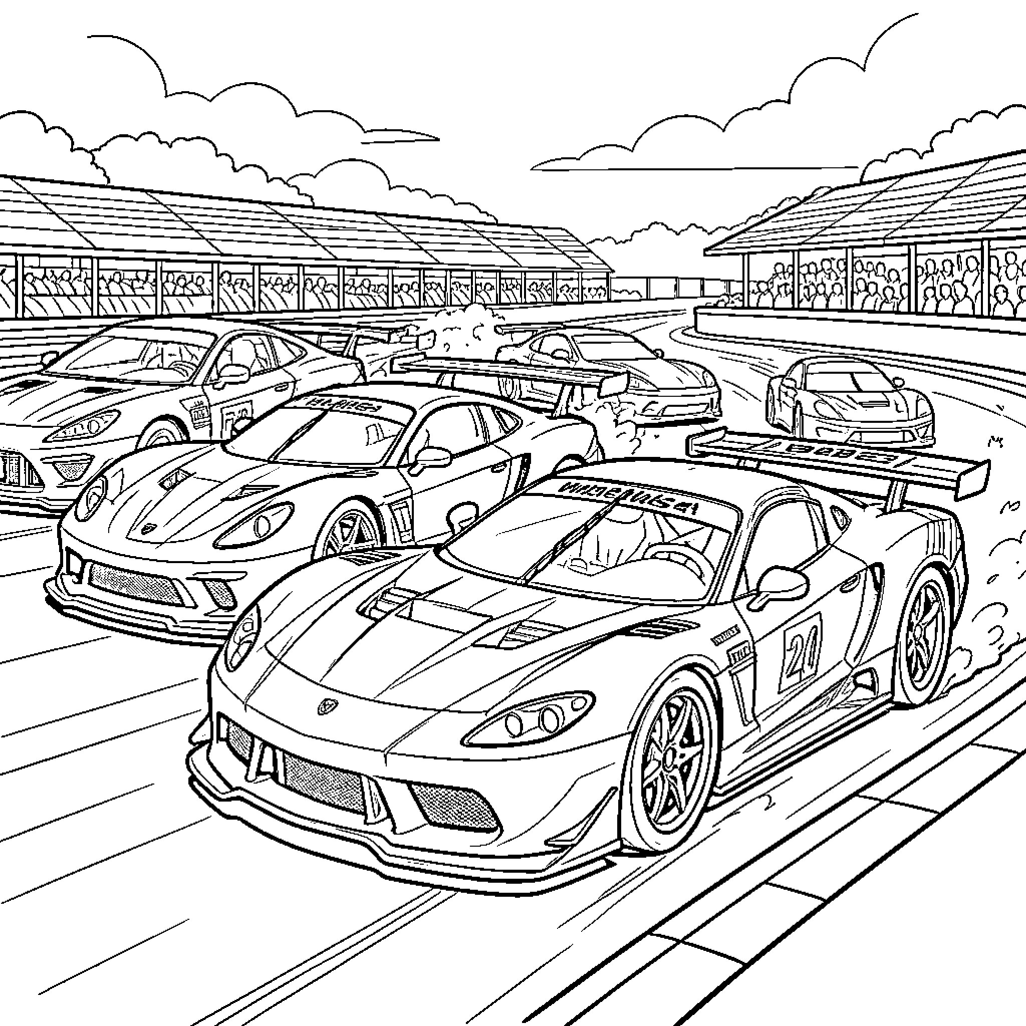 Formula One Racing Cars on the Track Coloring Page (free black-and-white line drawing printable PDF for all, from beginners to advanced learners, including children, teens, adults, and seniors)