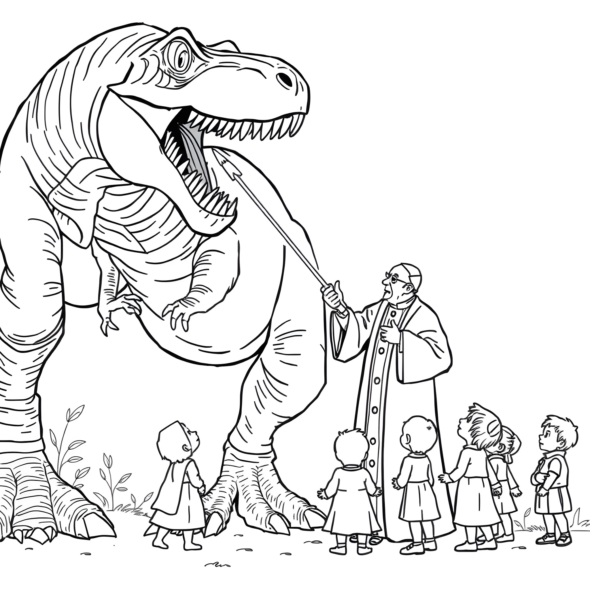 T-Rex towering over group of children in awe Coloring Page (free black-and-white line drawing printable PDF for all, from beginners to advanced learners, including children, teens, adults, and seniors)