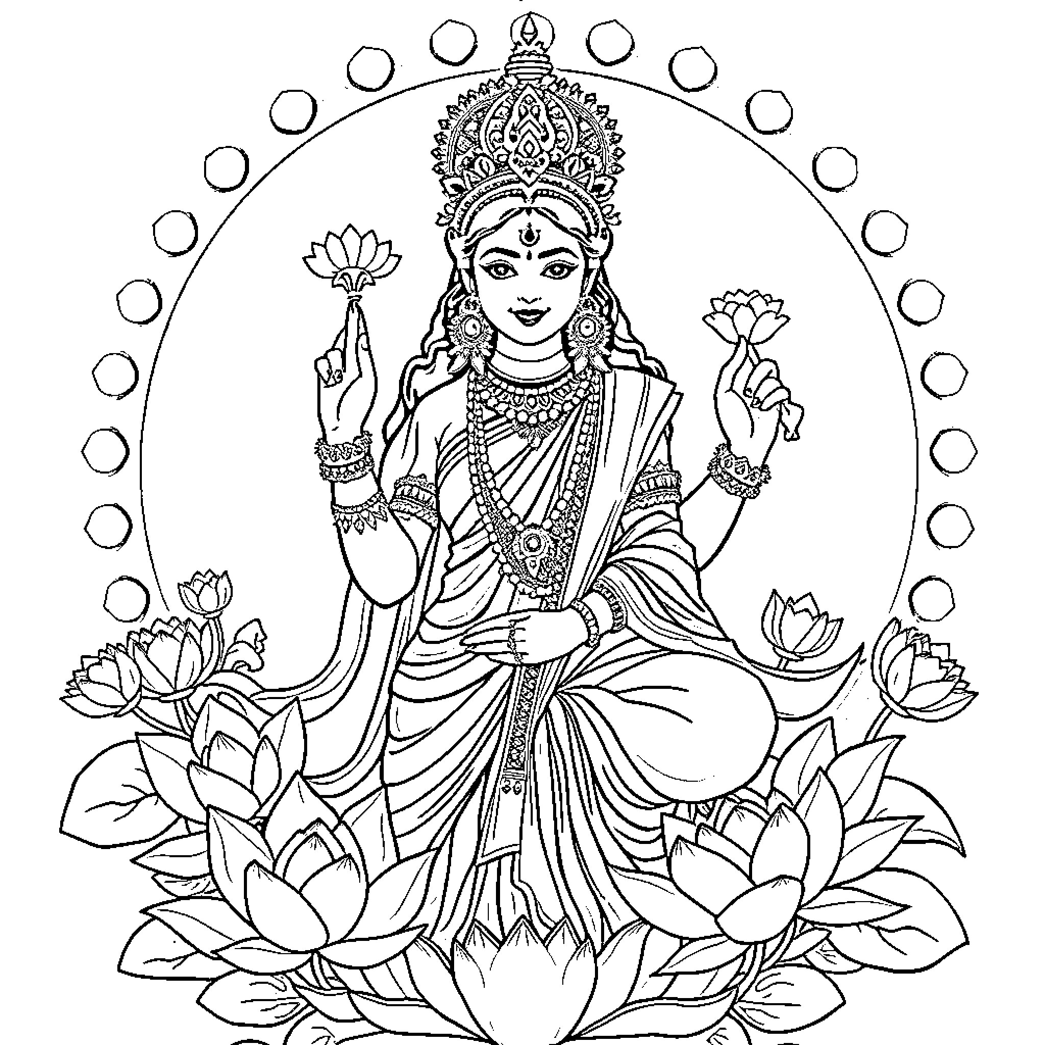 Goddess seated on lotus flowers with ornate crown Coloring Page (free black-and-white line drawing printable PDF for all, from beginners to advanced learners, including children, teens, adults, and seniors)