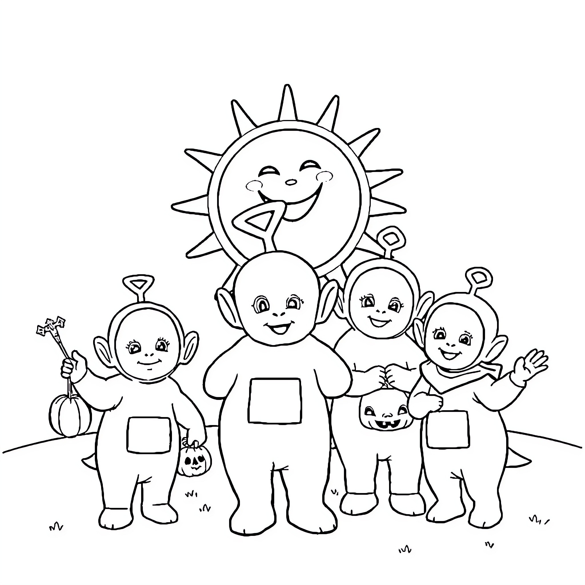 Teletubby characters playing and celebrating Coloring Page (free black-and-white line drawing printable PDF for all, from beginners to advanced learners, including children, teens, adults, and seniors)