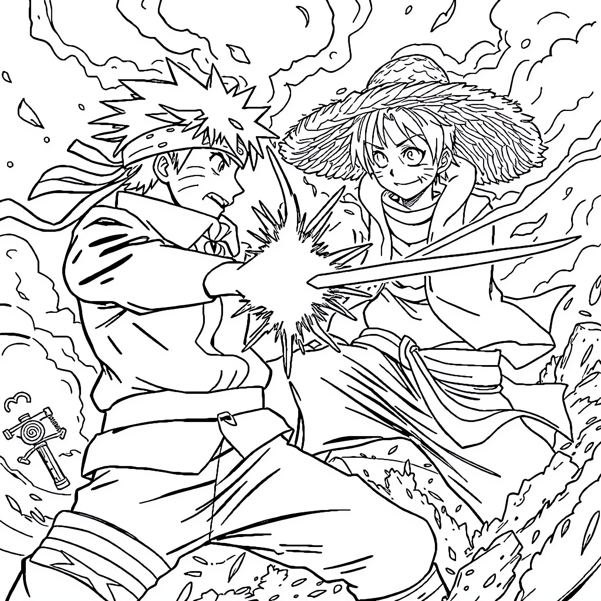 Naruto and Luffy Engaging in Intense Battle Coloring Page (free black-and-white line drawing printable PDF for all, from beginners to advanced learners, including children, teens, adults, and seniors)